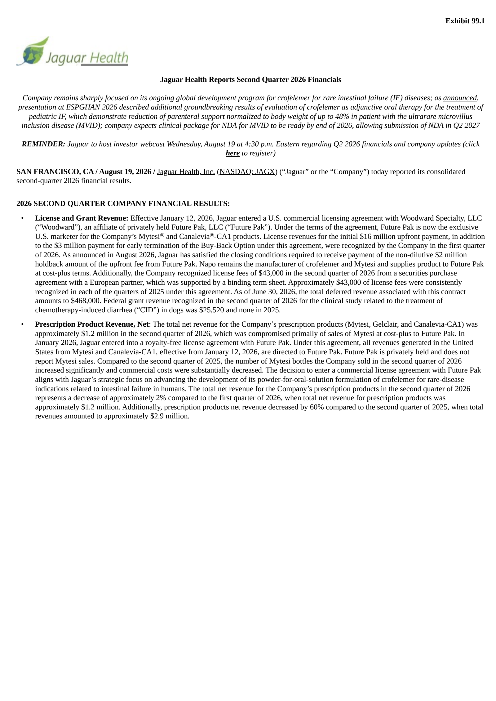 Jaguar Animal Health's Q2 2026 Press Release