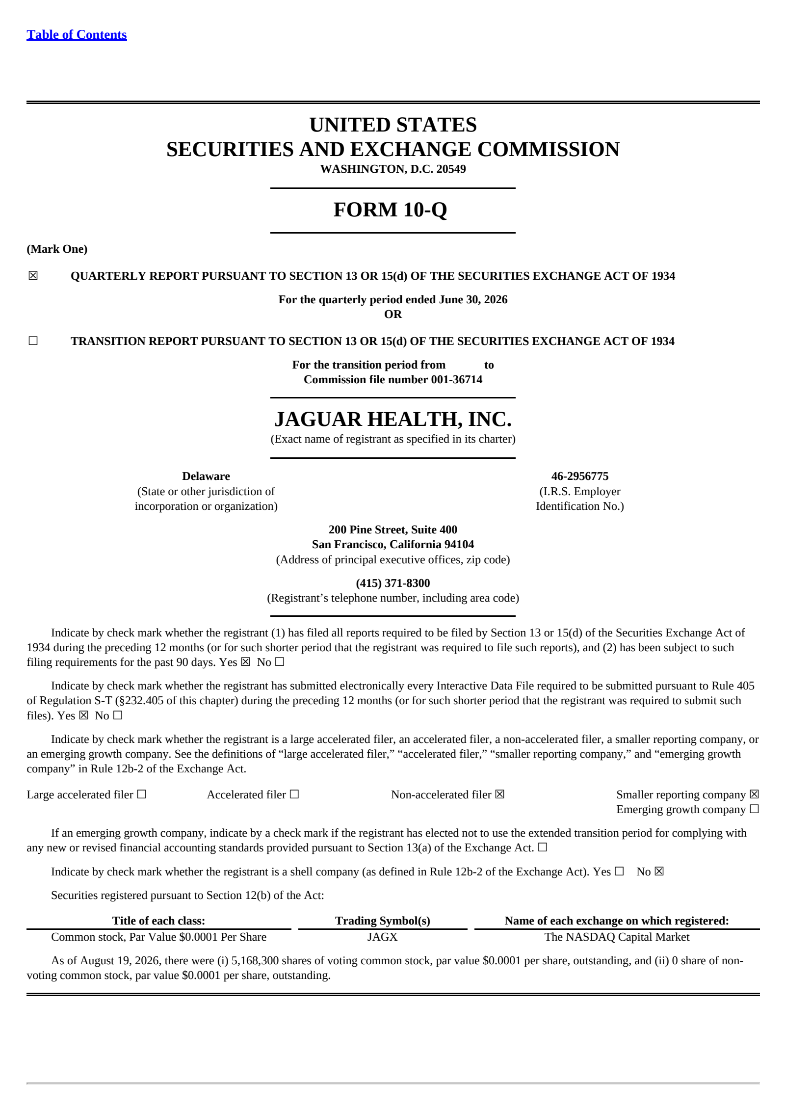 Jaguar Animal Health's Q2 2026 Quarterly report