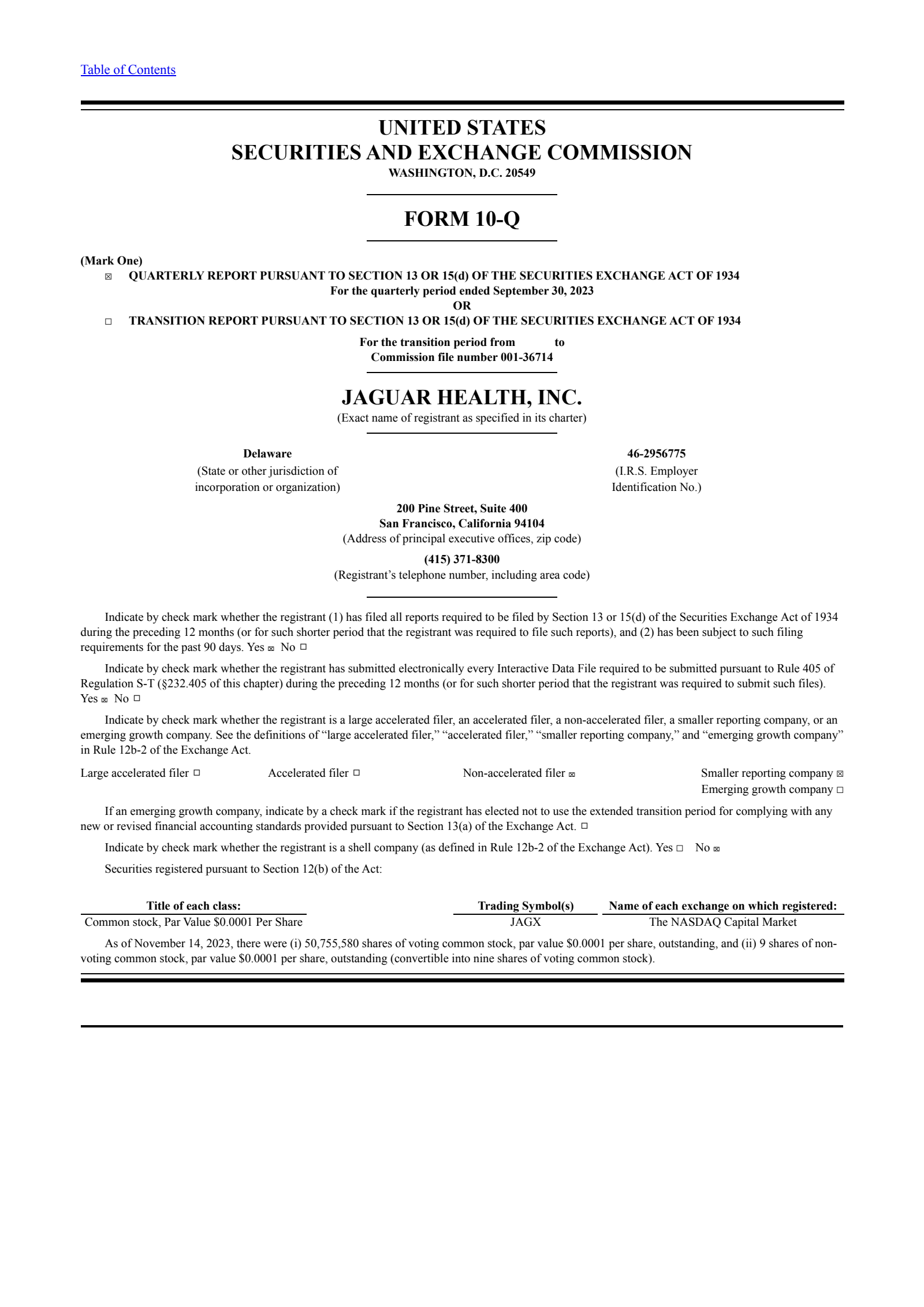 Jaguar Health's Q3 2023 Quarterly report