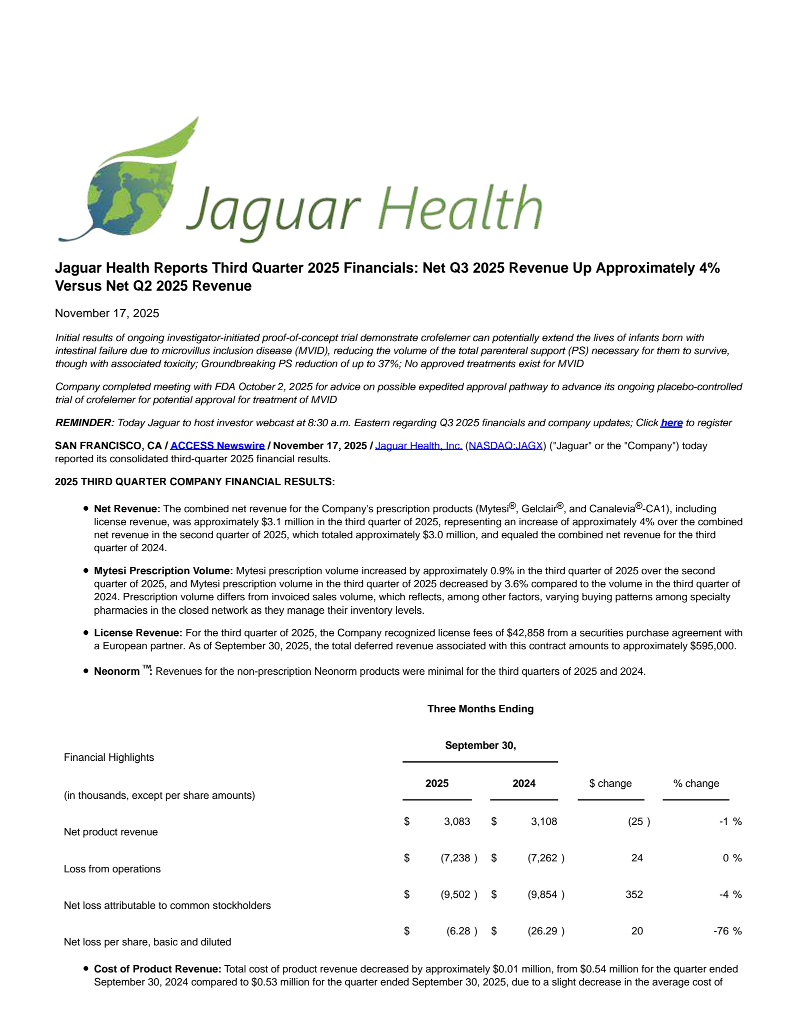 Jaguar Animal Health's Q3 2025 Earnings Release