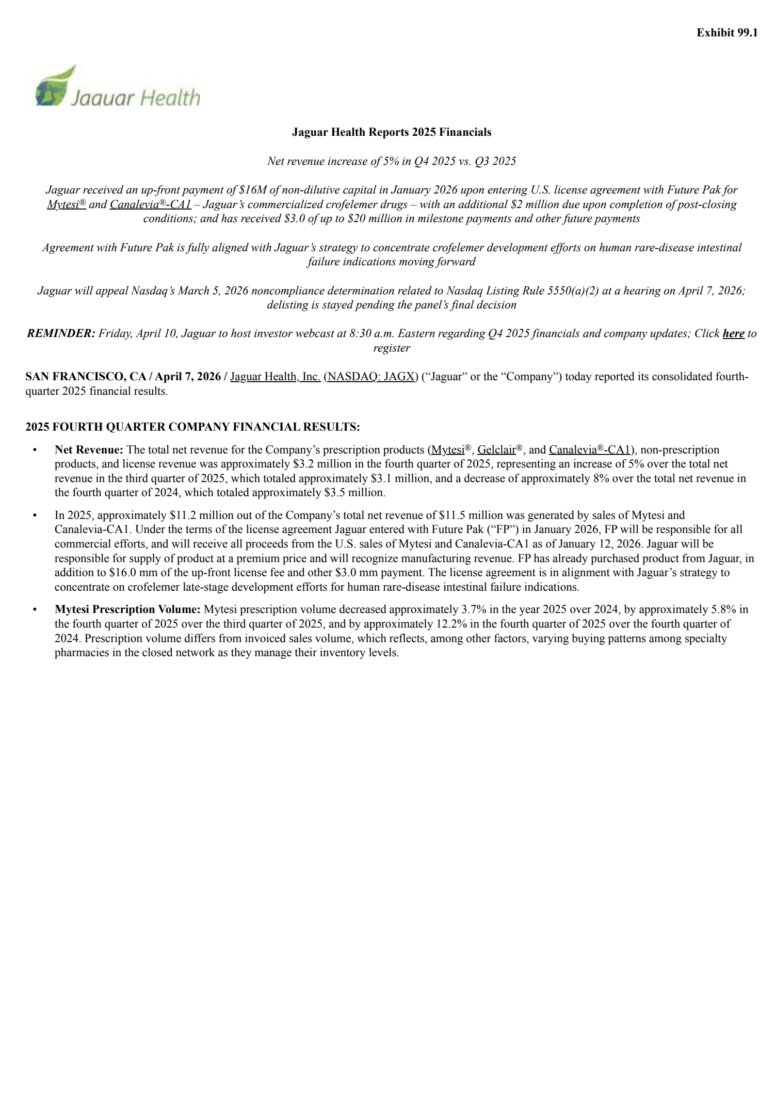 Jaguar Animal Health's Q4 2025 Press Release