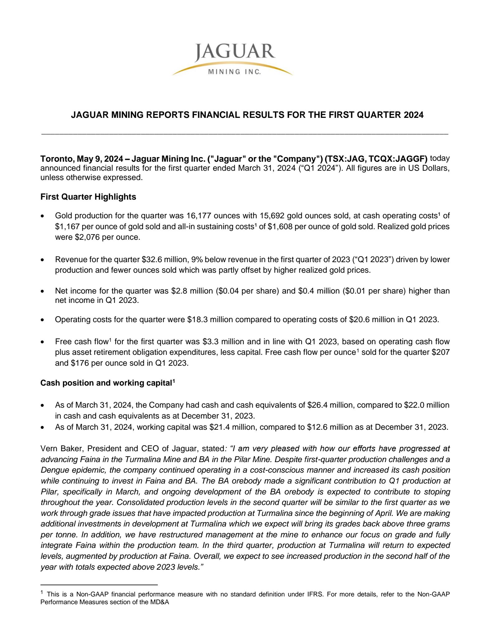 Jaguar Mining's Q1 2024 Earnings Release
