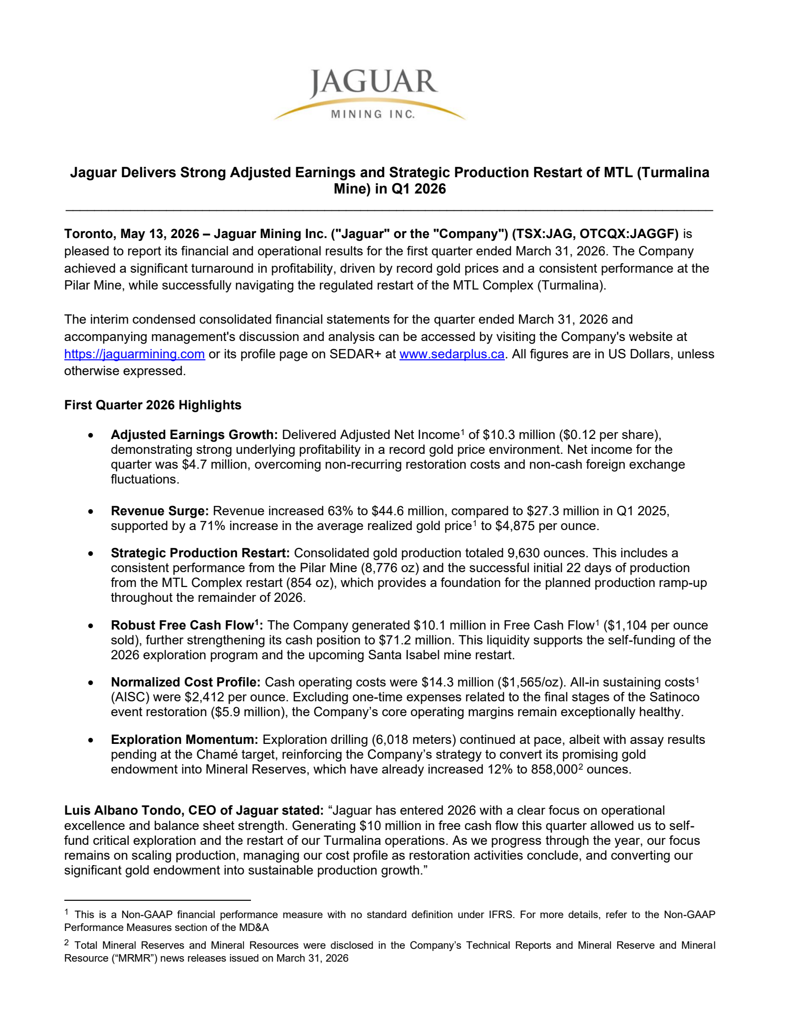 Jaguar Mining's Q1 2026 Press Release