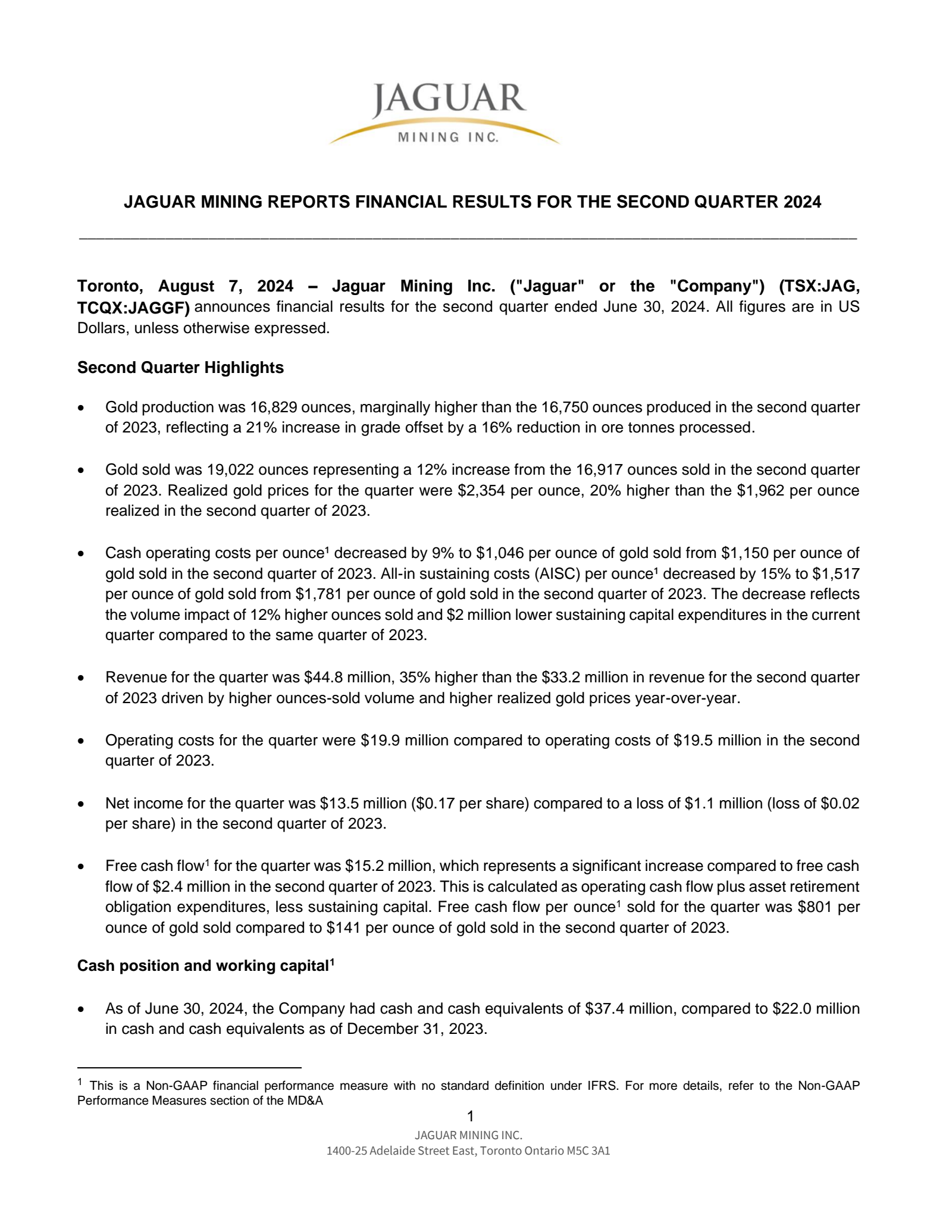 Jaguar Mining's Q2 2024 Earnings Release