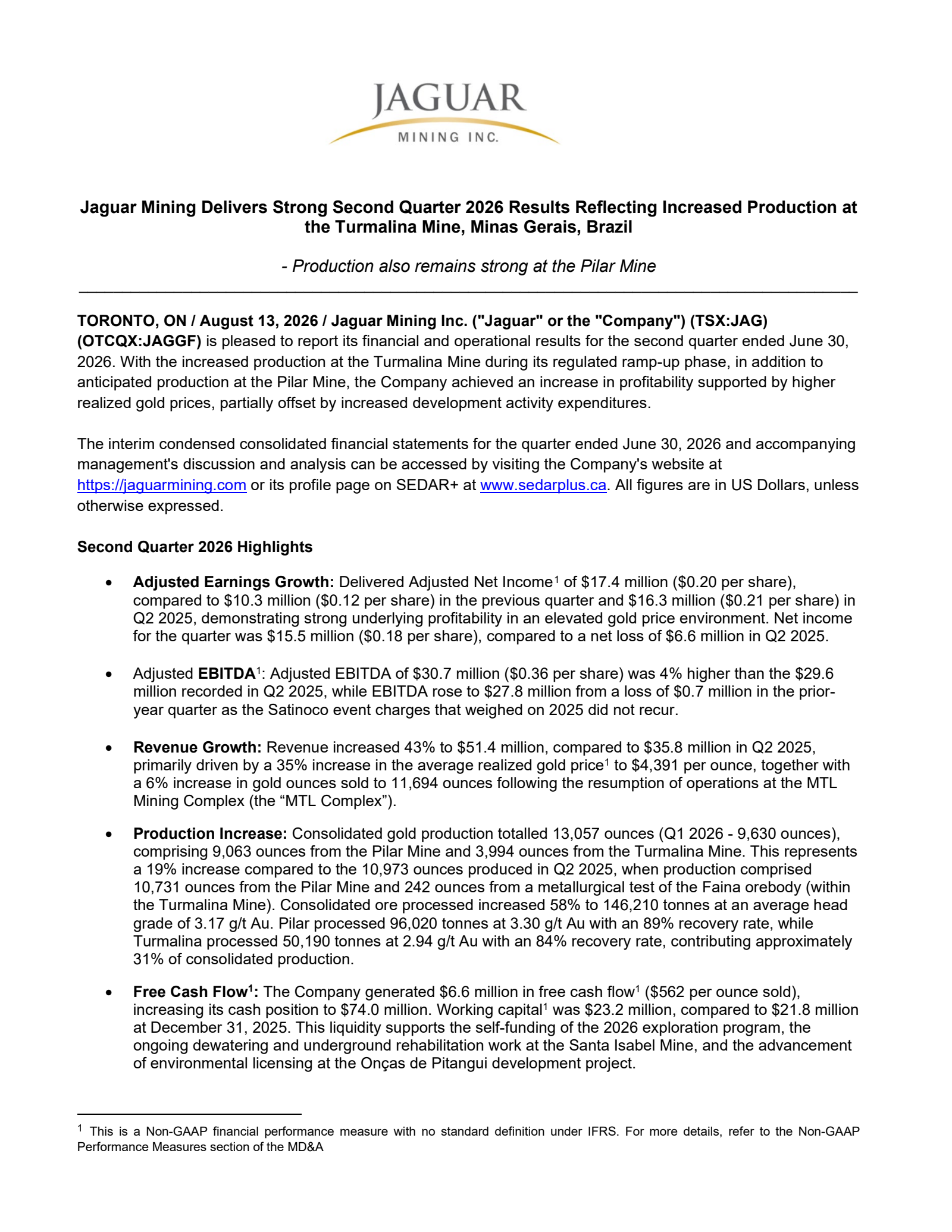 Jaguar Mining's Q2 2026 Press Release