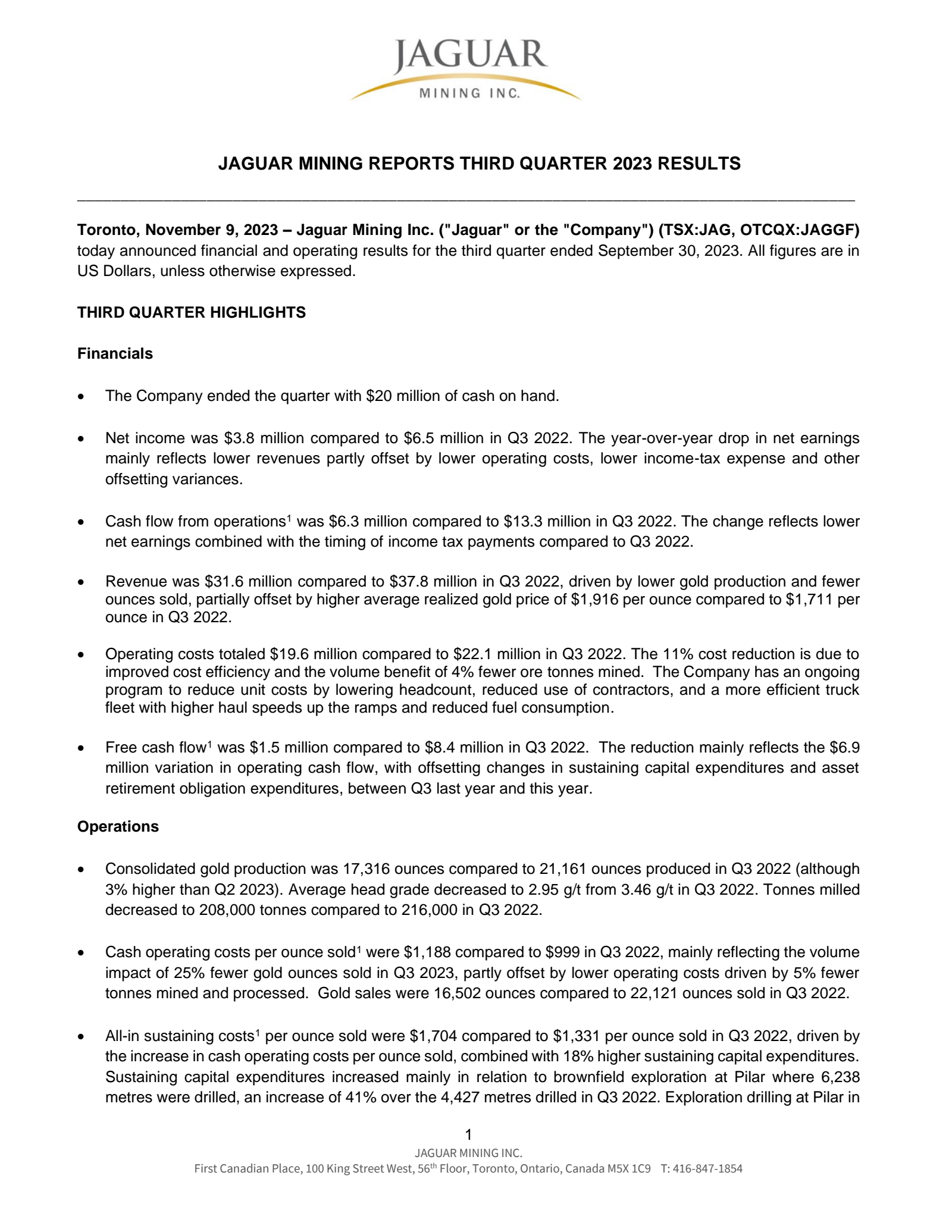 Jaguar Mining's Q3 2023 Earnings Release