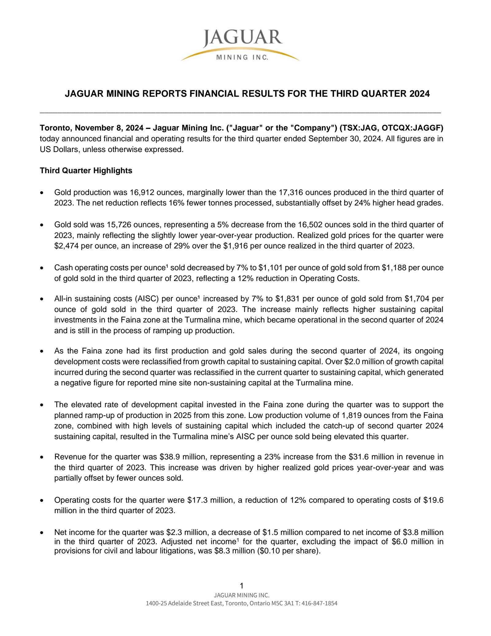 Jaguar Mining's Q3 2024 Earnings Release