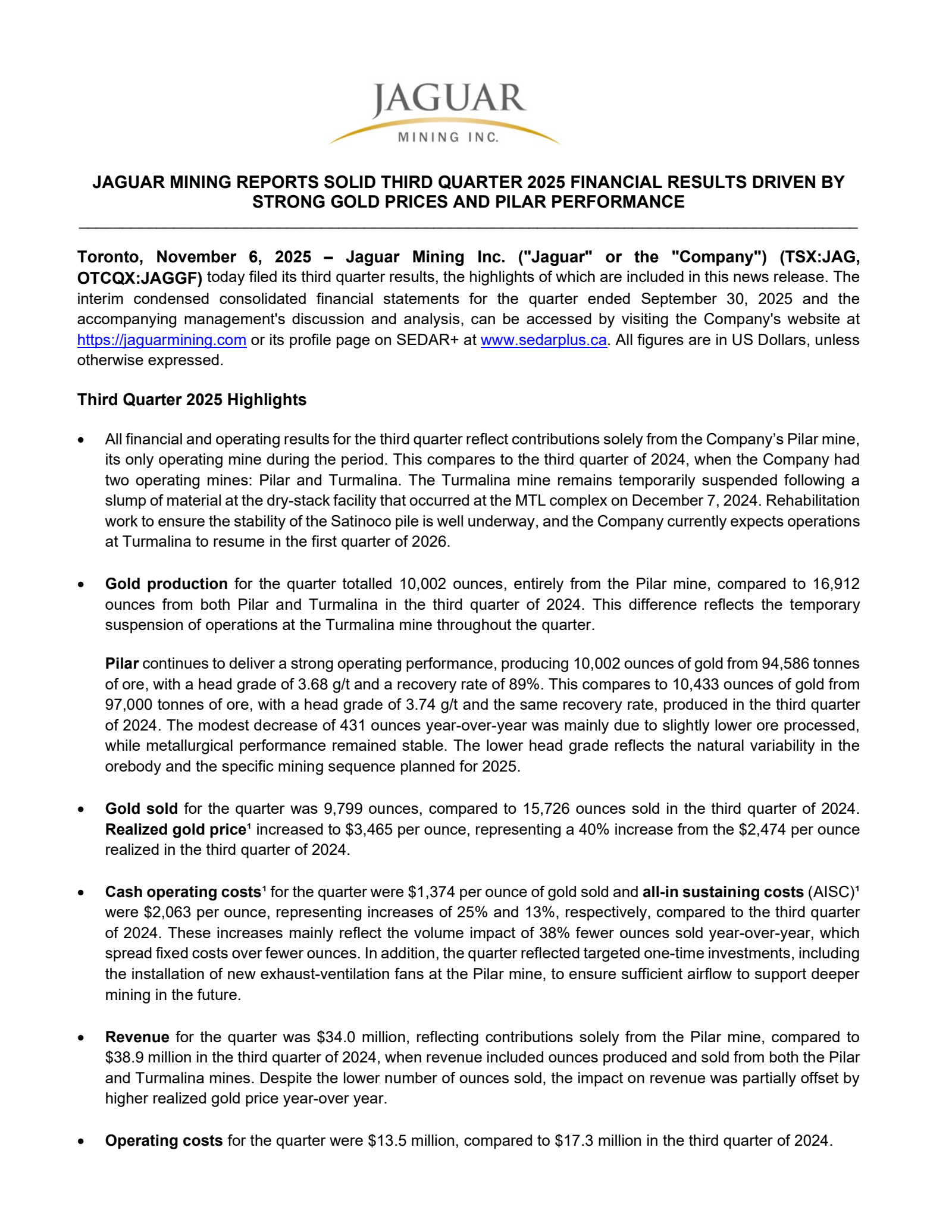 Jaguar Mining's Q3 2025 Earnings Release