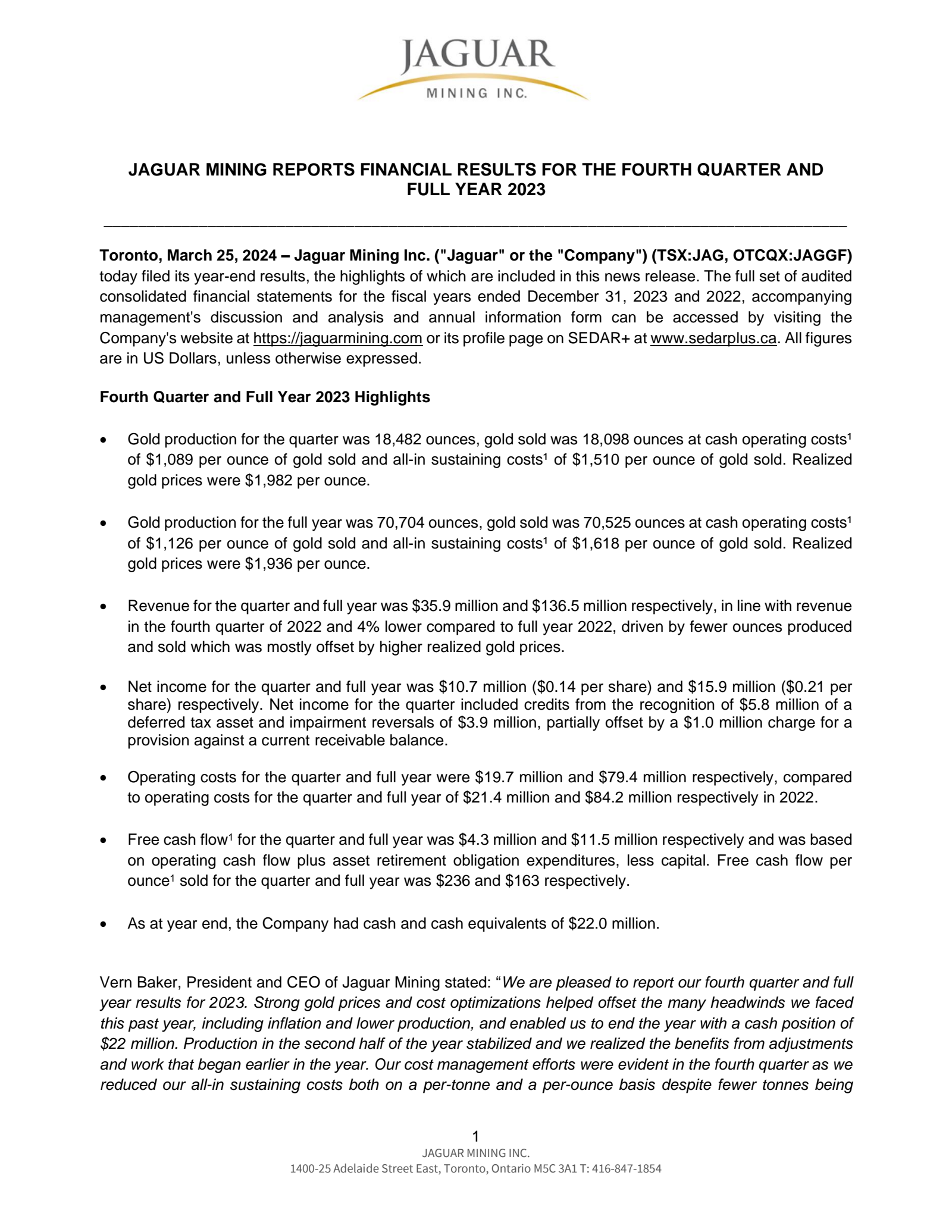 Jaguar Mining's Q4 2023 Earnings Release