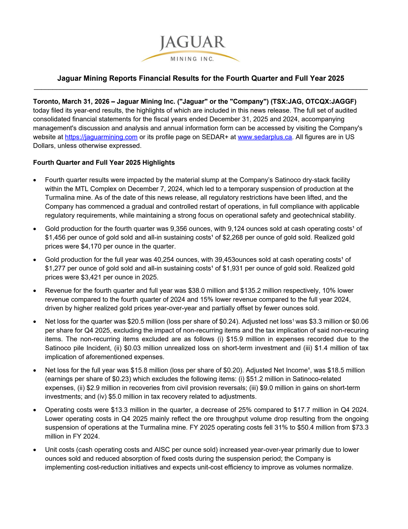 Jaguar Mining's Q4 2025 Press Release