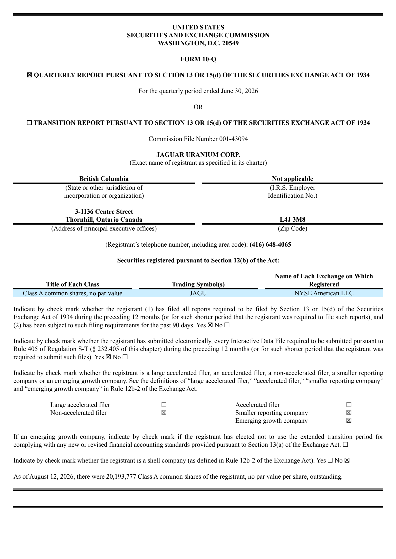Jaguar Uranium's Q2 2026 Quarterly report