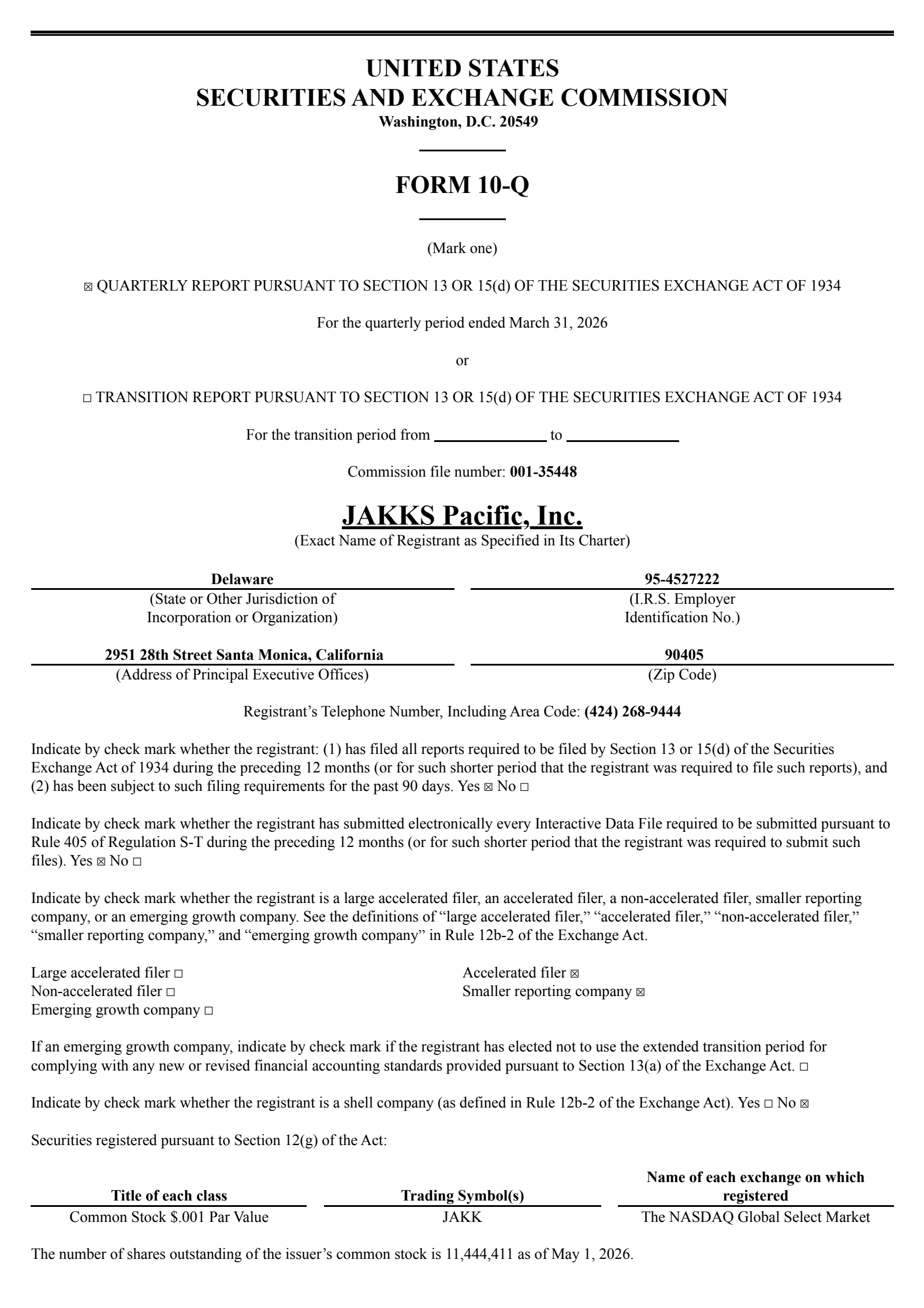 JAKKS Pacific's Q1 2026 Quarterly report