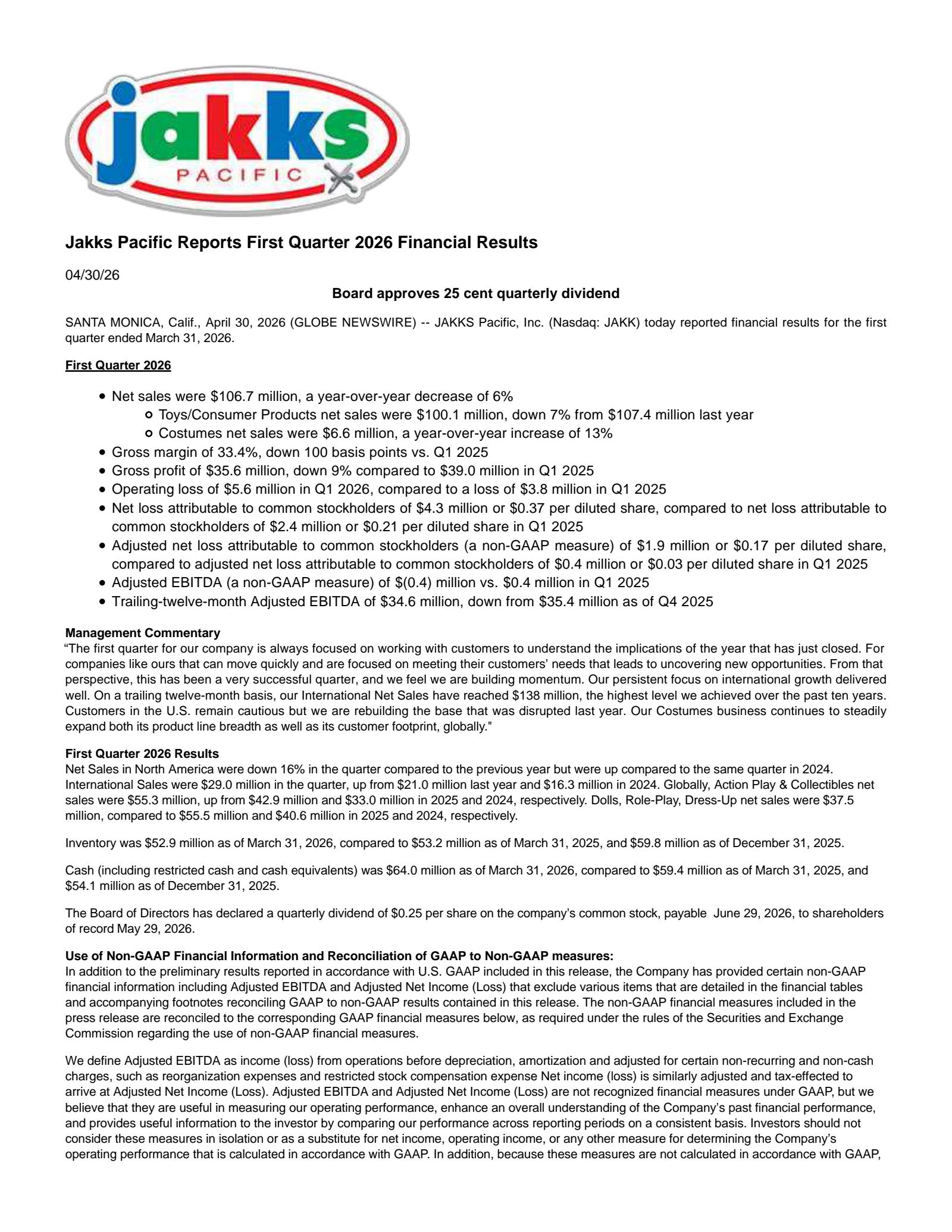JAKKS Pacific's Q1 2026 Press Release