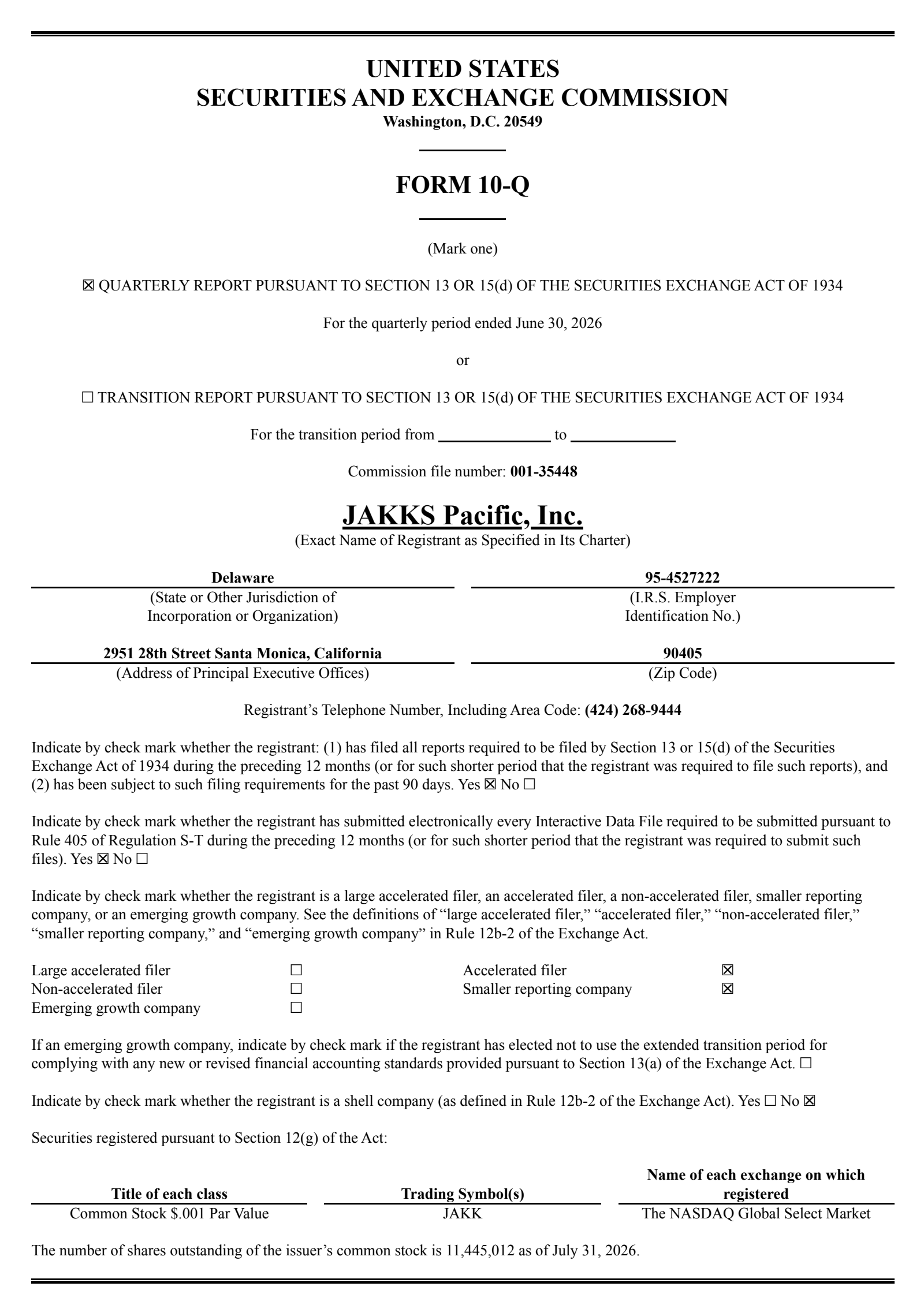 JAKKS Pacific's Q2 2026 Quarterly report