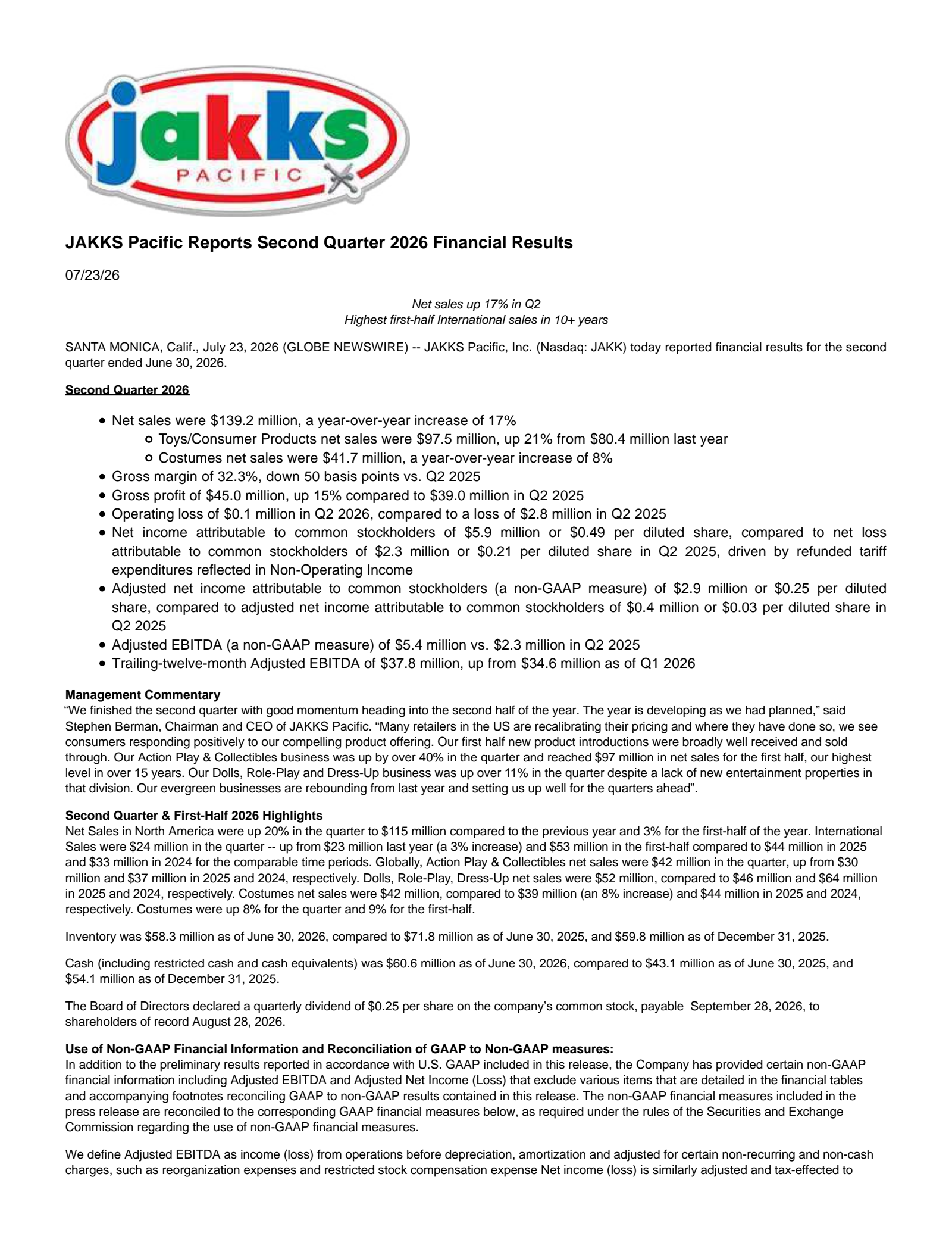JAKKS Pacific's Q2 2026 Press Release