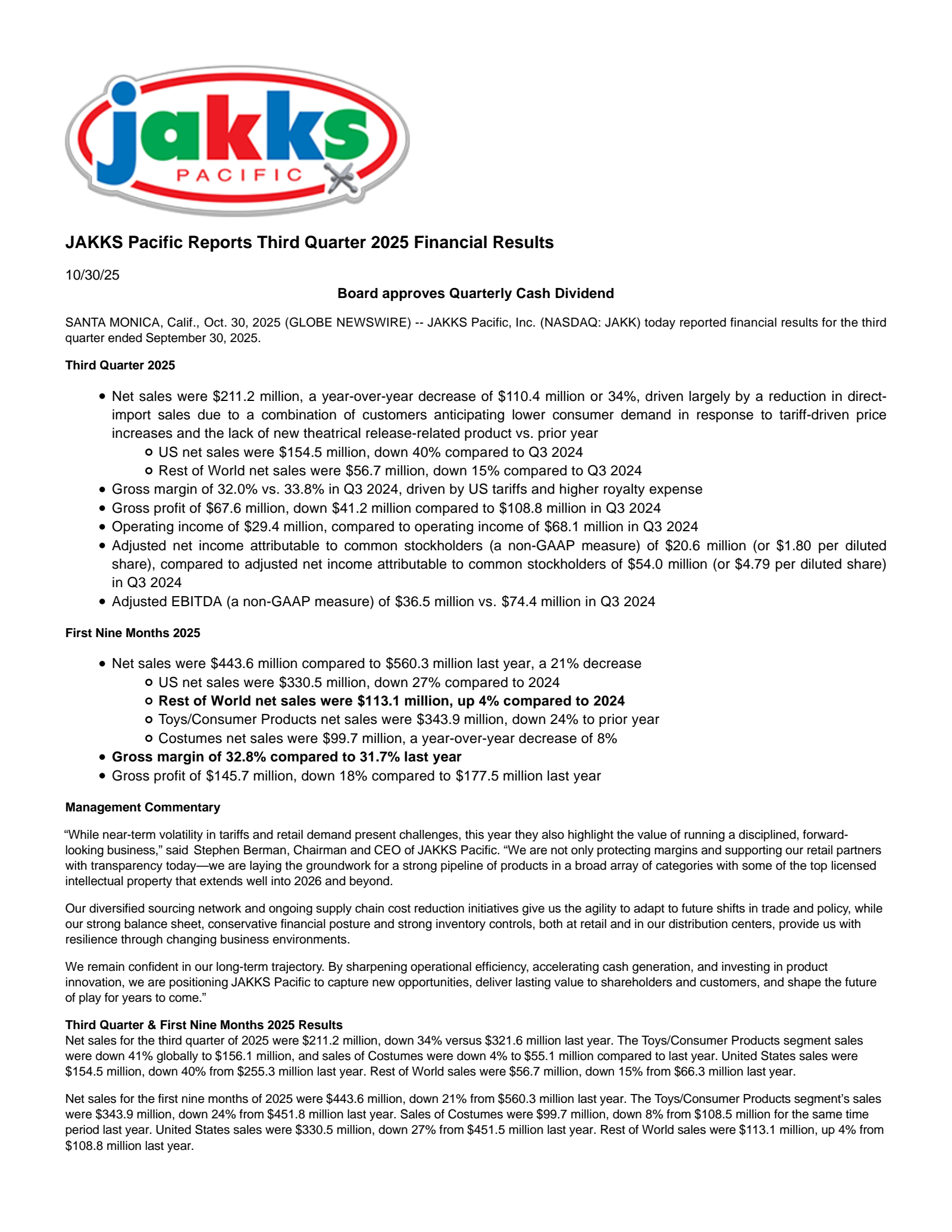 JAKKS Pacific's Q3 2025 Earnings Release