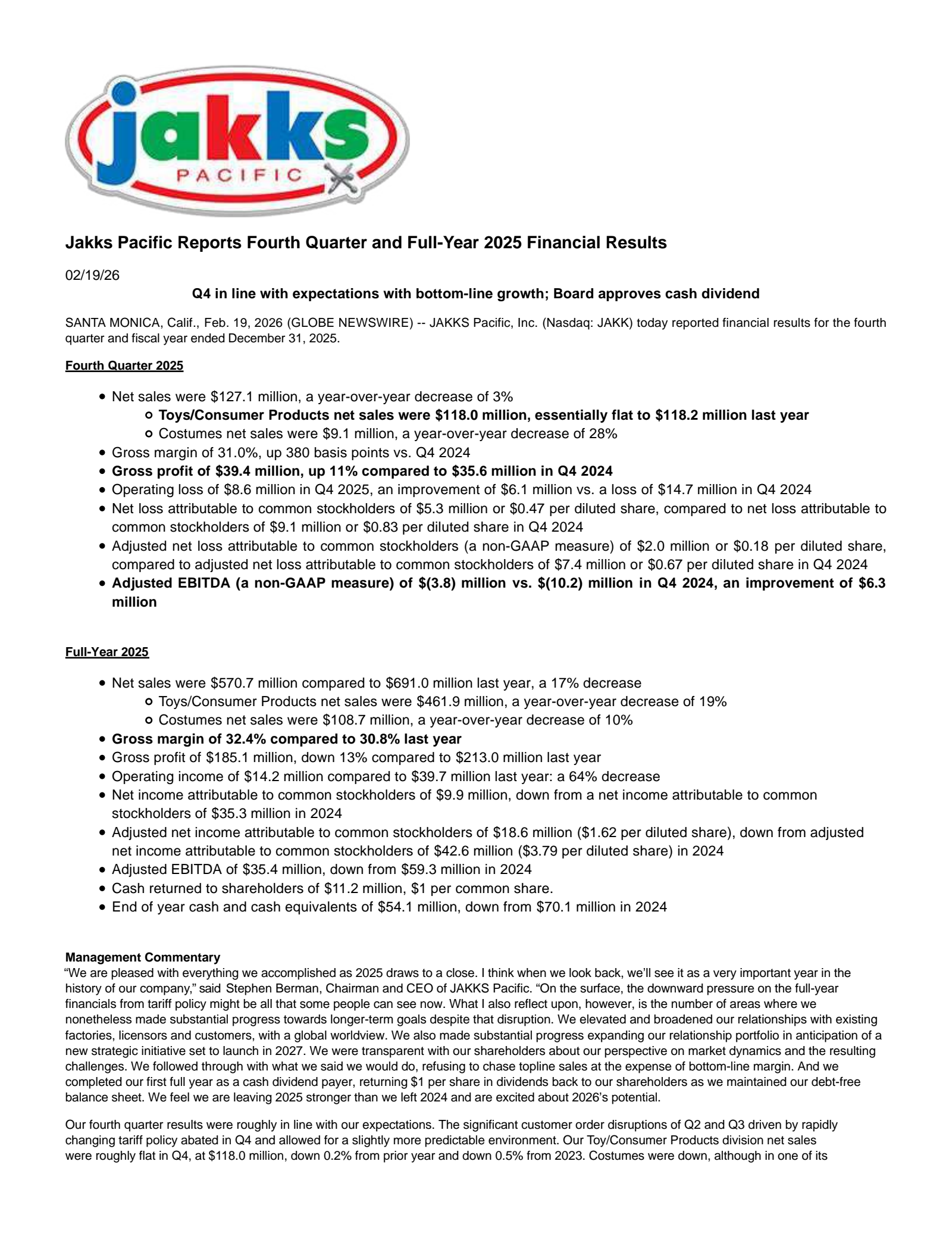 JAKKS Pacific's Q4 2025 Press Release