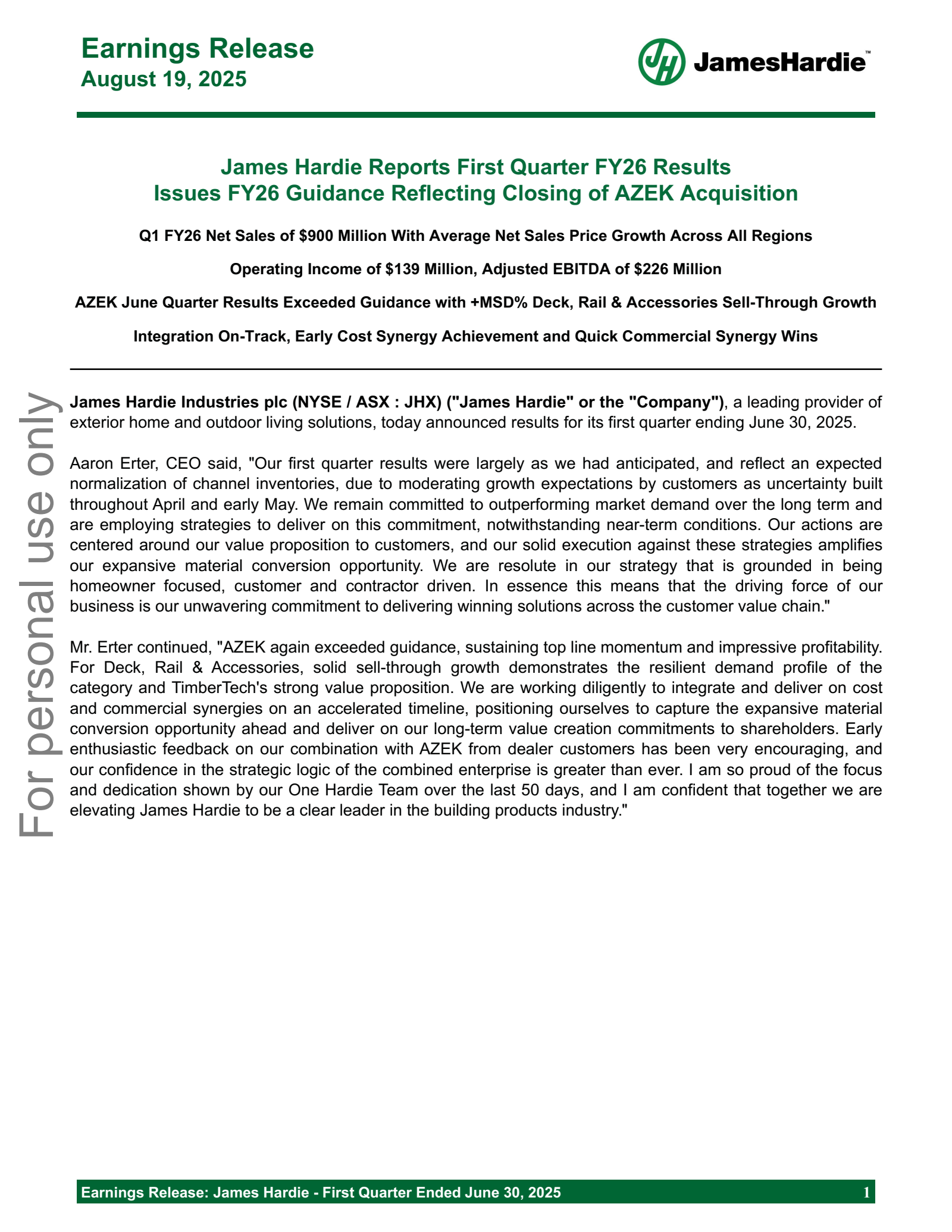 James Hardie Industries' Q1 2026 Interim report