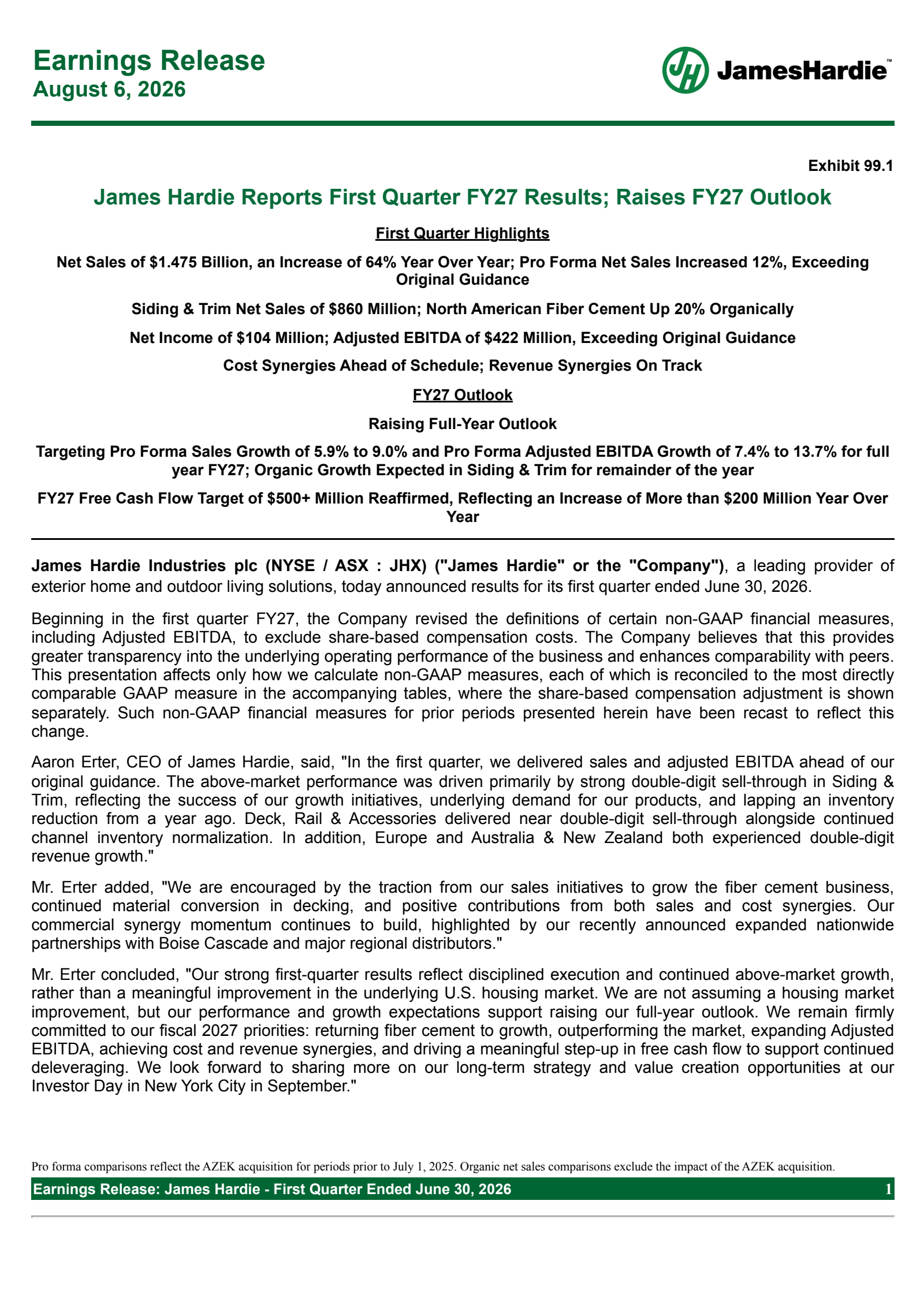 James Hardie Industries' Q1 2027 Press Release