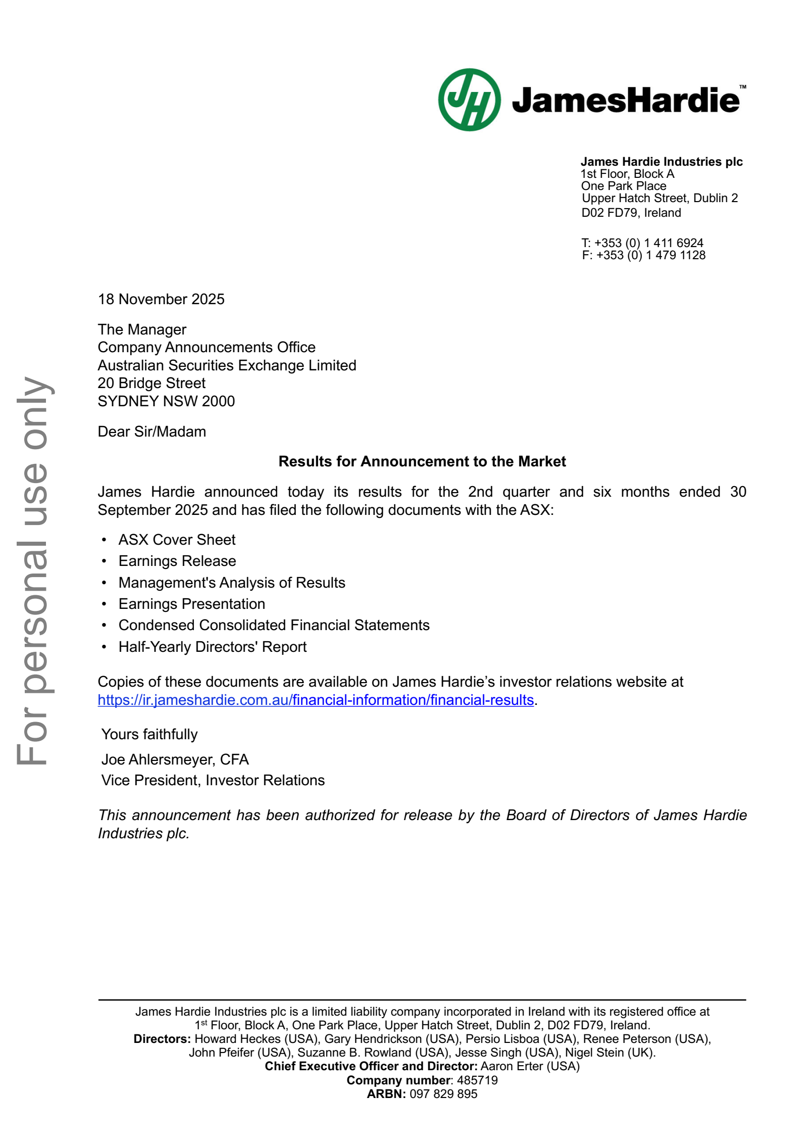 James Hardie Industries' Q2 2026 Earnings Release