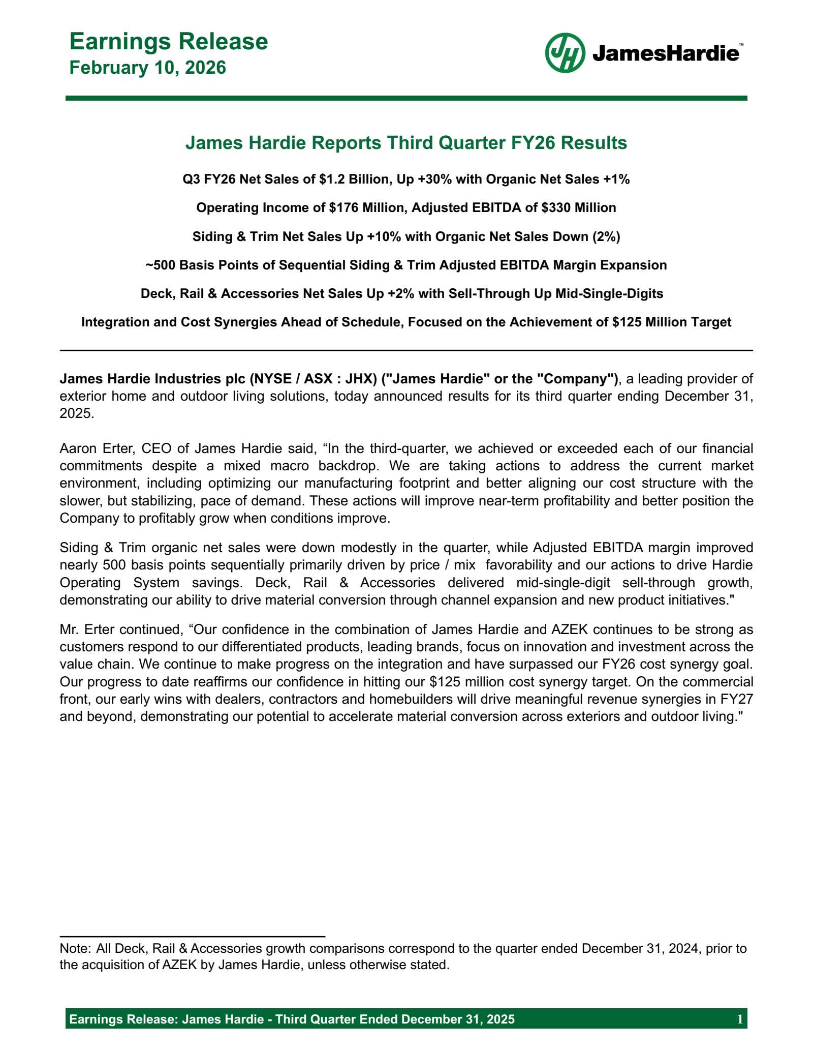 James Hardie Industries' Q3 2026 Press Release