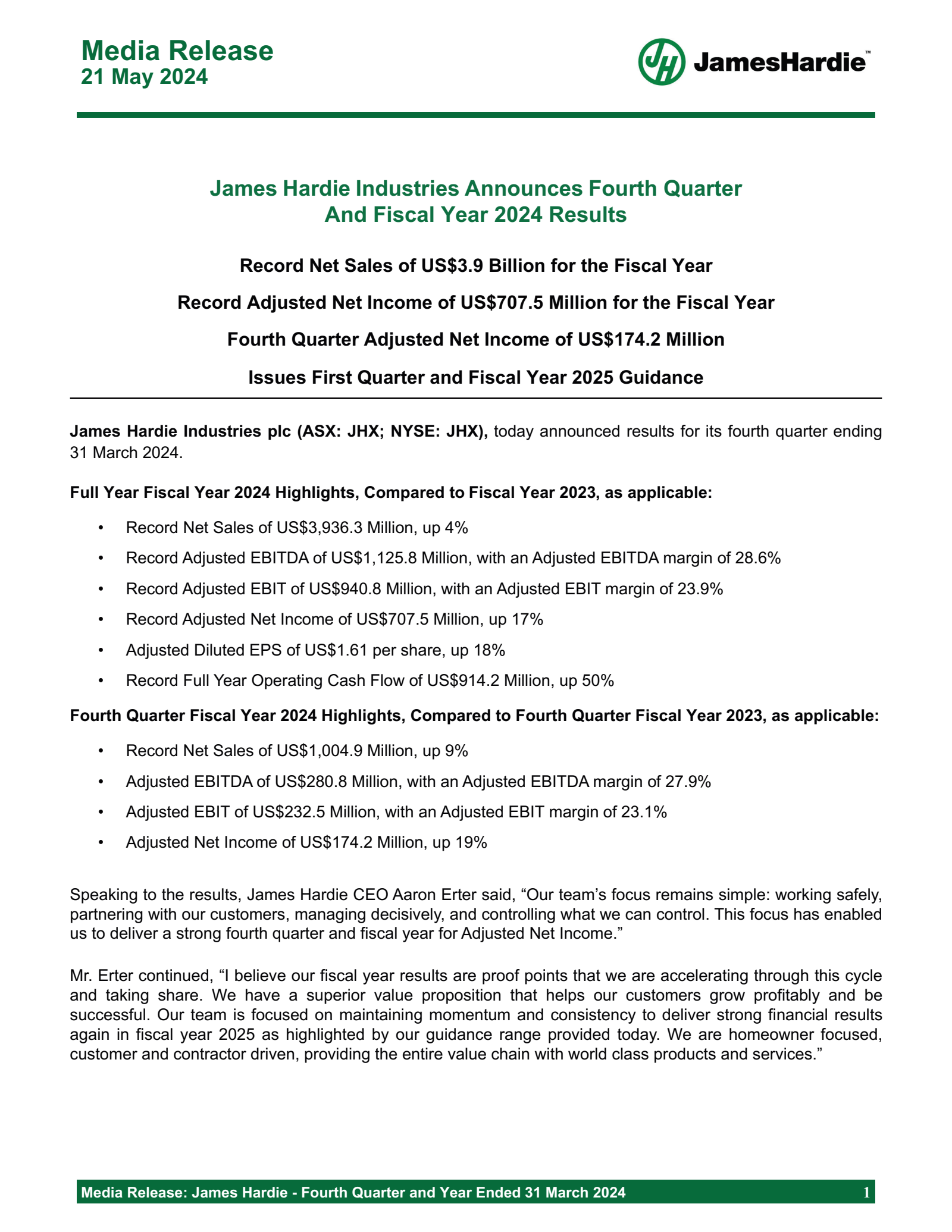 James Hardie Industries' Q4 2024 Press Release
