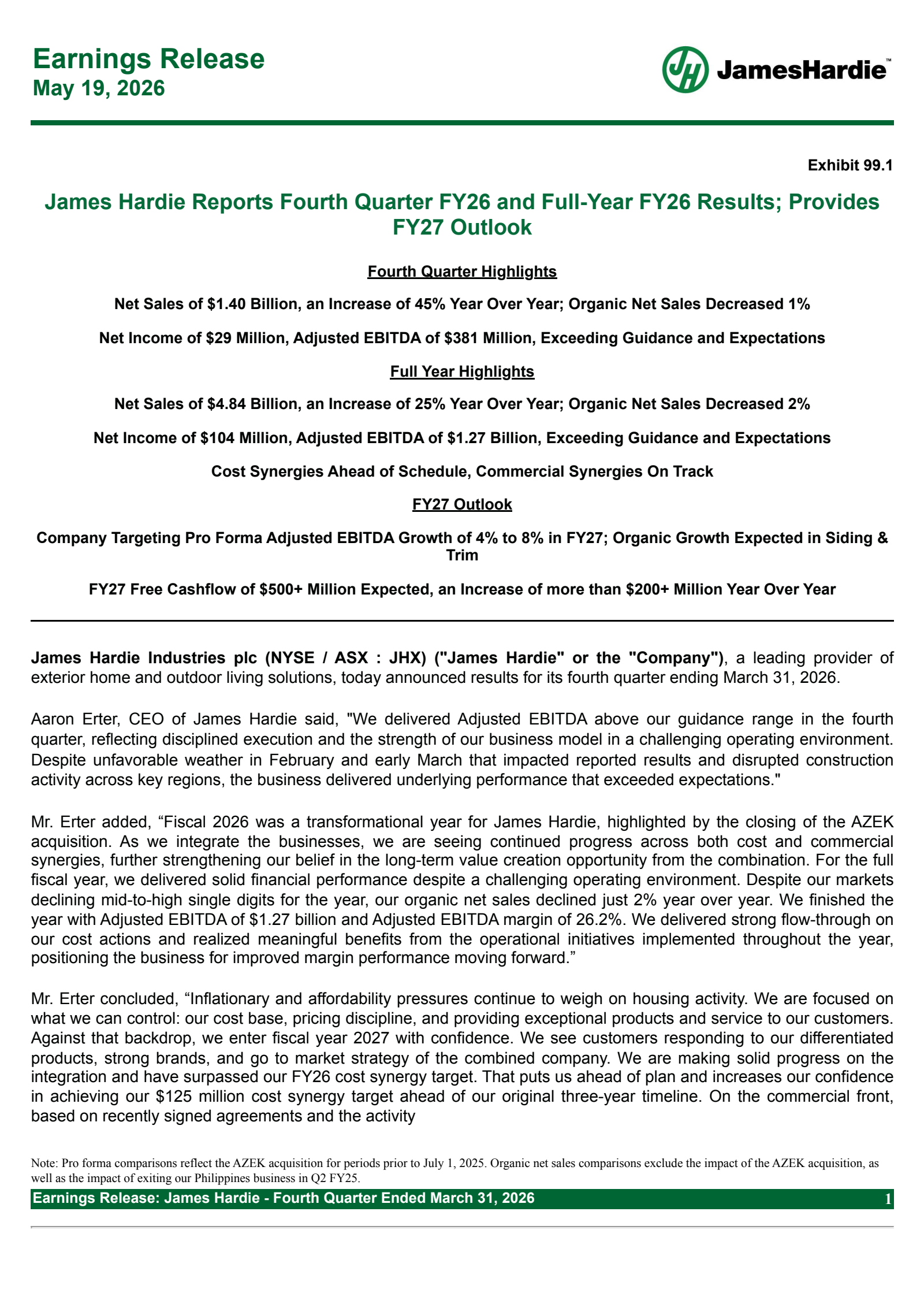 James Hardie Industries' Q4 2026 Press Release