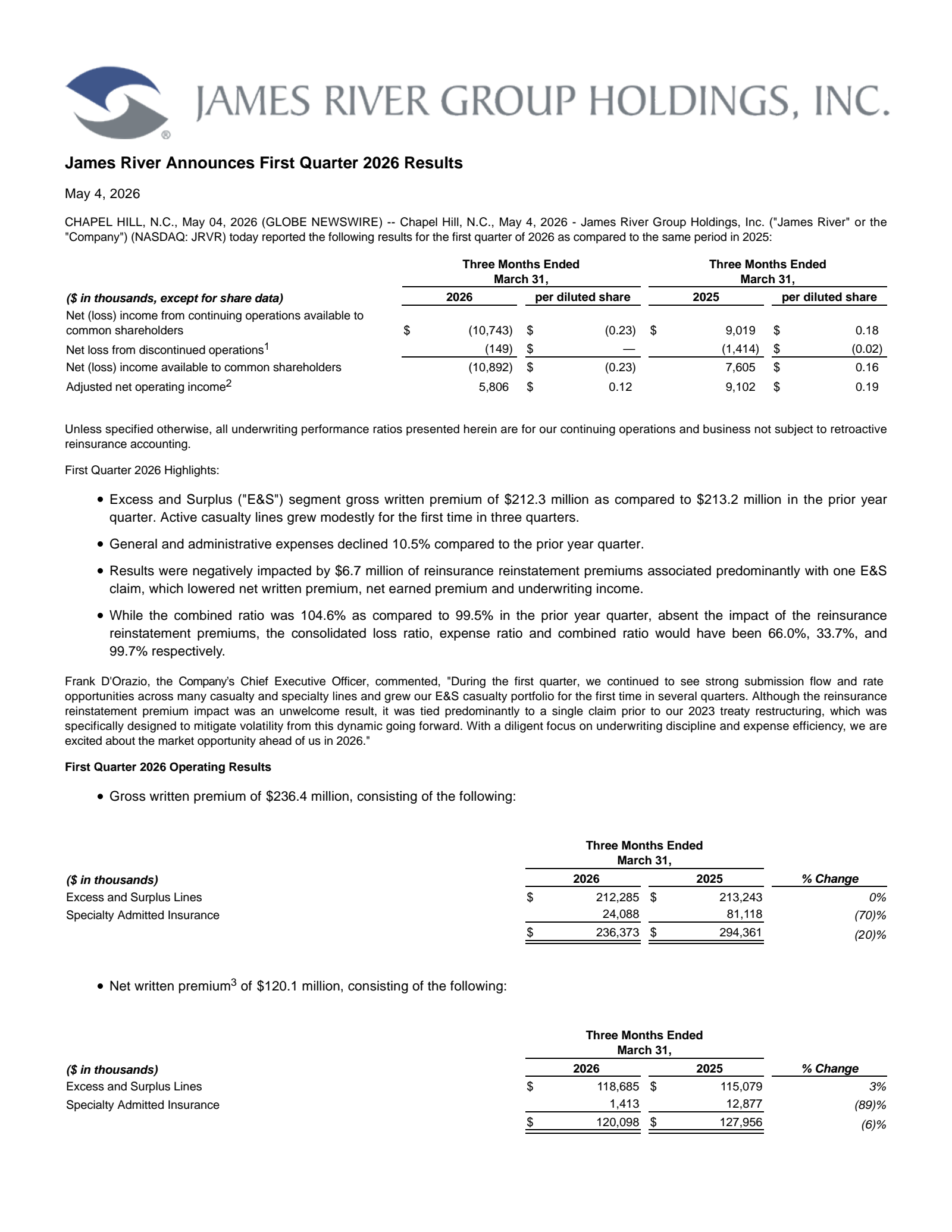 James River Group's Q1 2026 Press Release