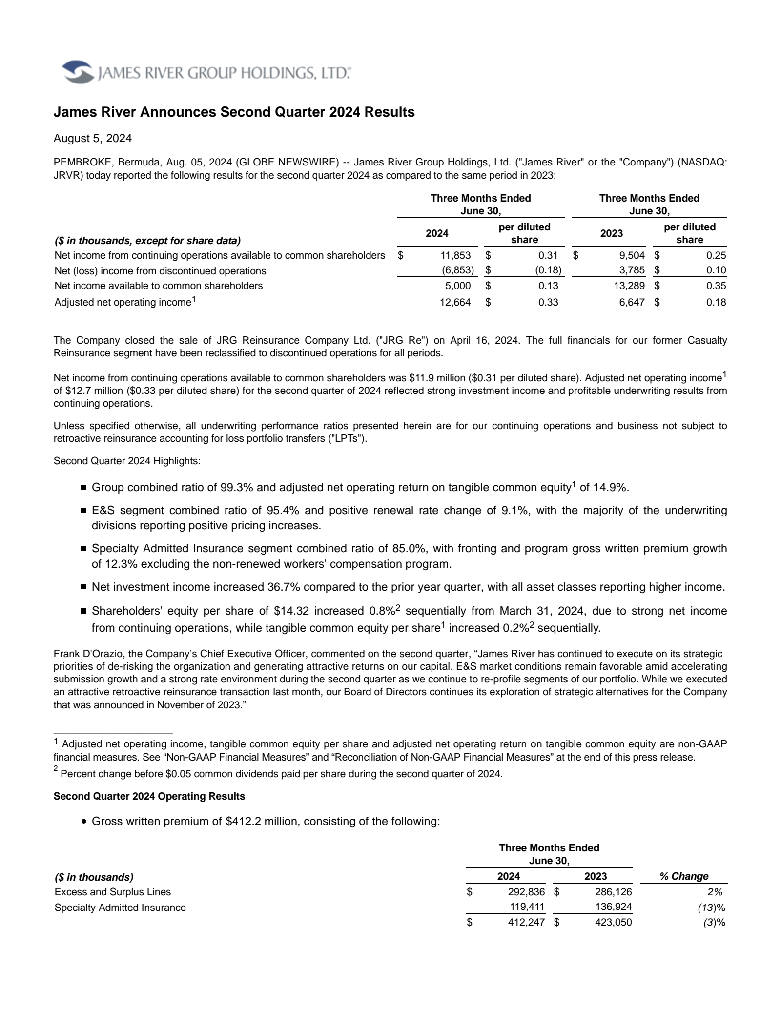 James River Group's Q2 2024 Press Release