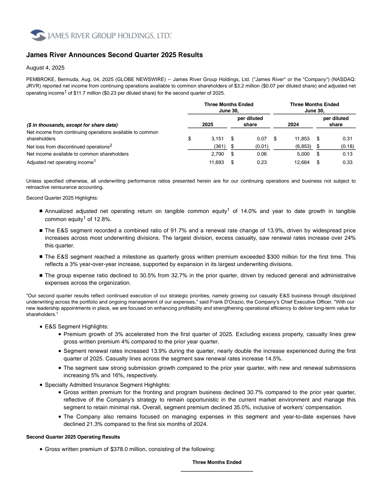James River Group's Q2 2025 Press Release