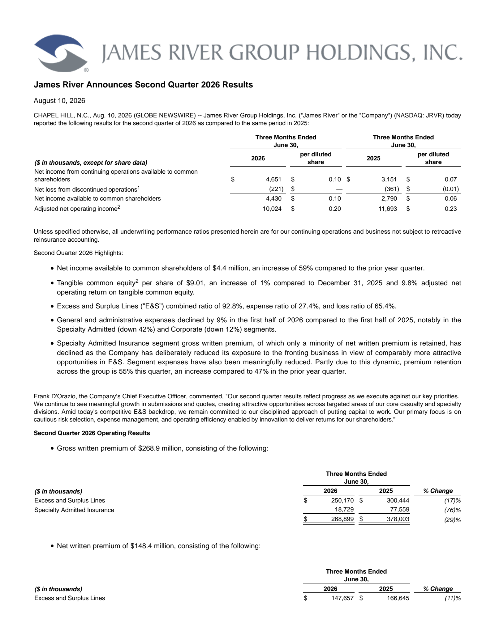 James River Group's Q2 2026 Press Release