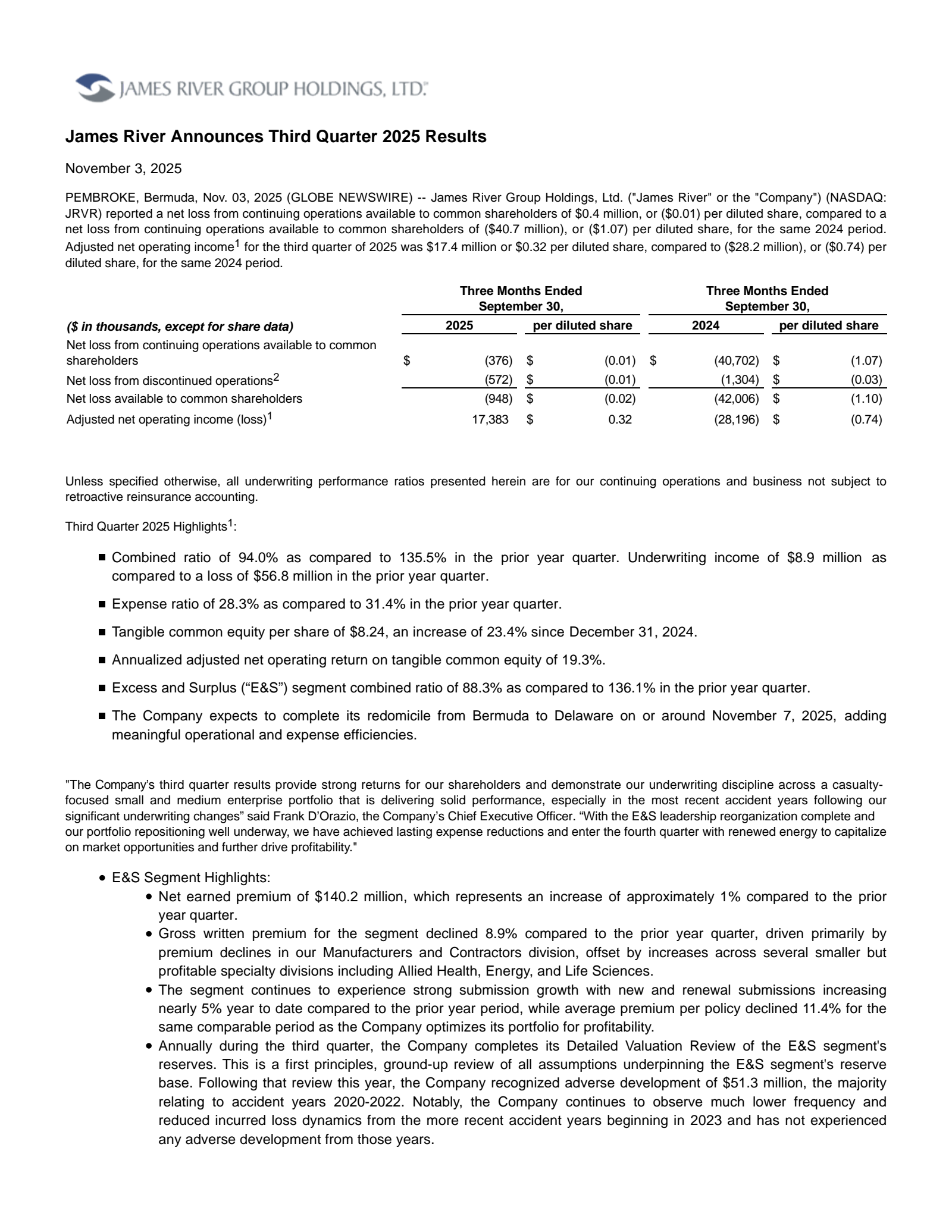 James River Group's Q3 2025 Earnings Release