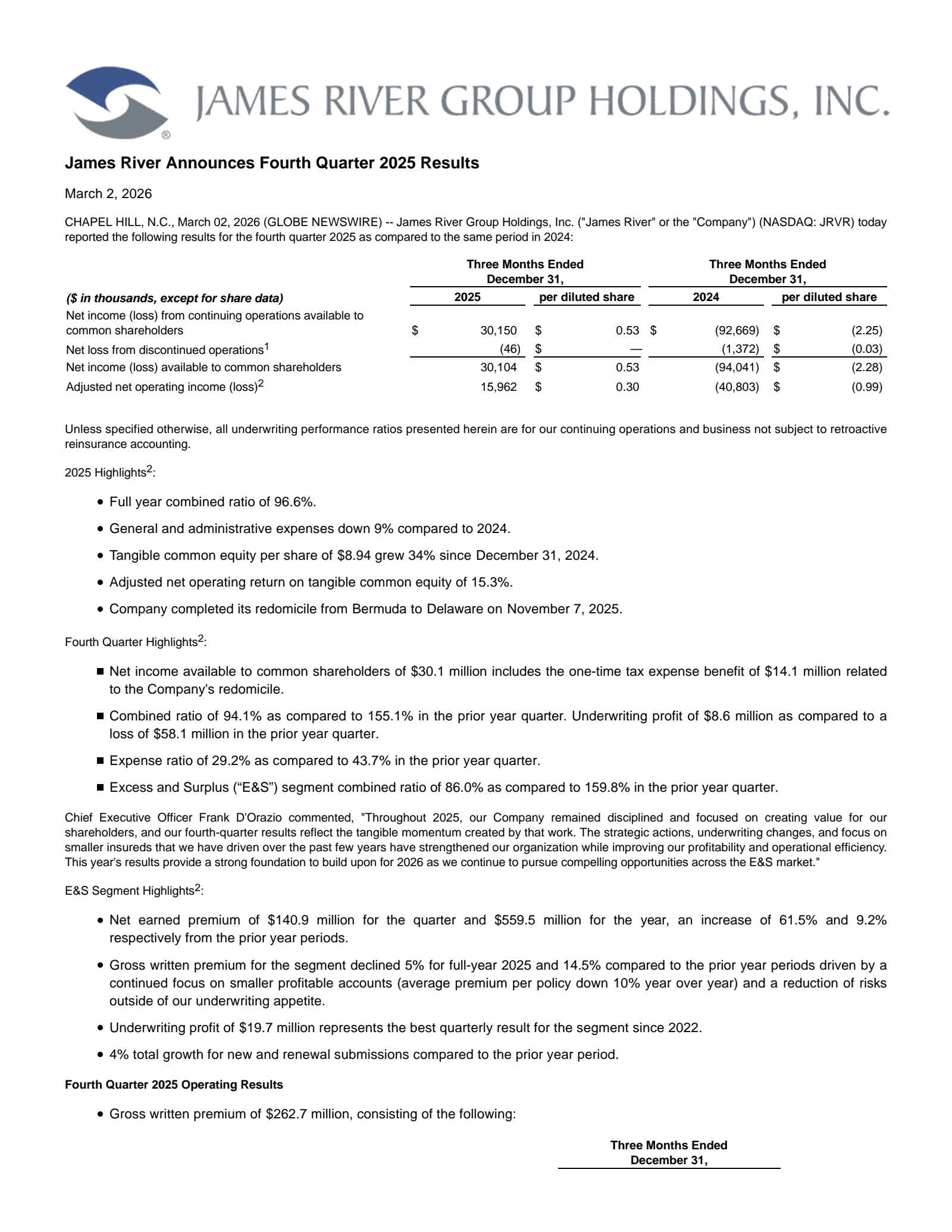 James River Group's Q4 2025 Press Release