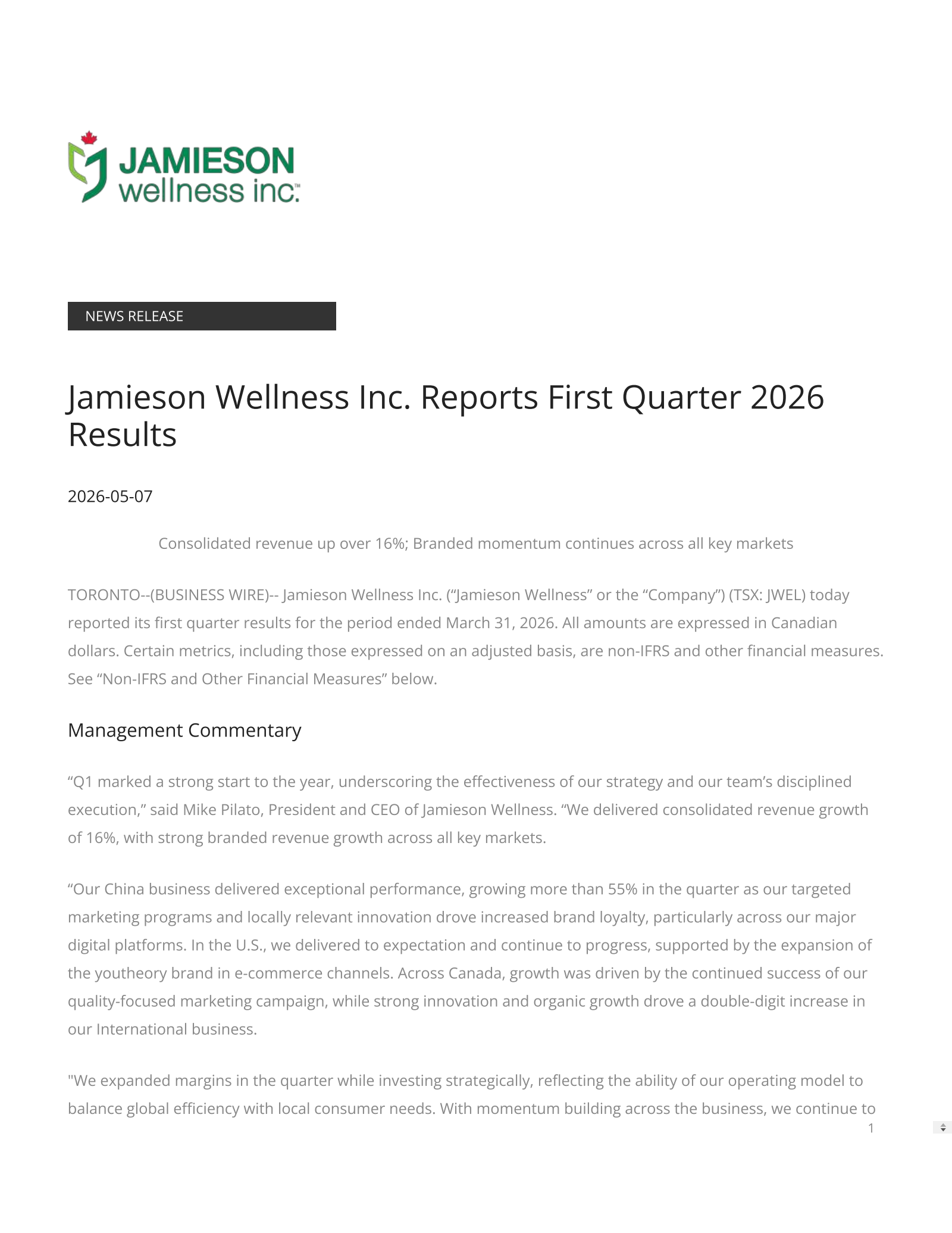 Jamieson Wellness' Q1 2026 Press Release