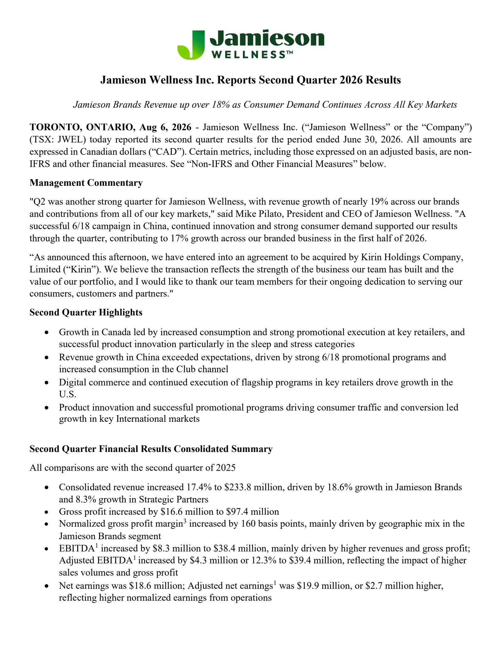 Jamieson Wellness' Q2 2026 Press Release