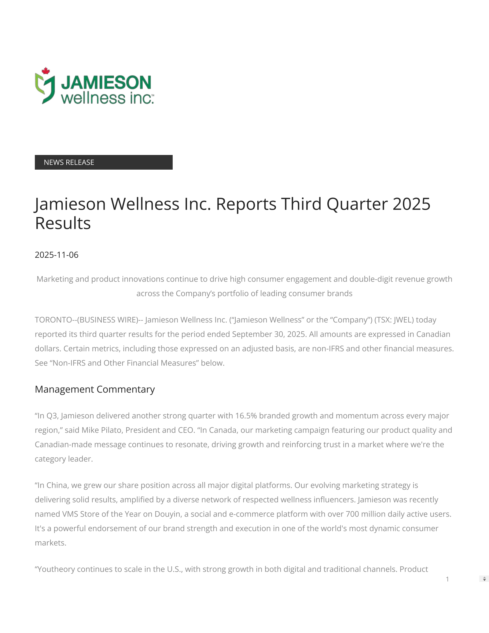 Jamieson Wellness' Q3 2025 Earnings Release