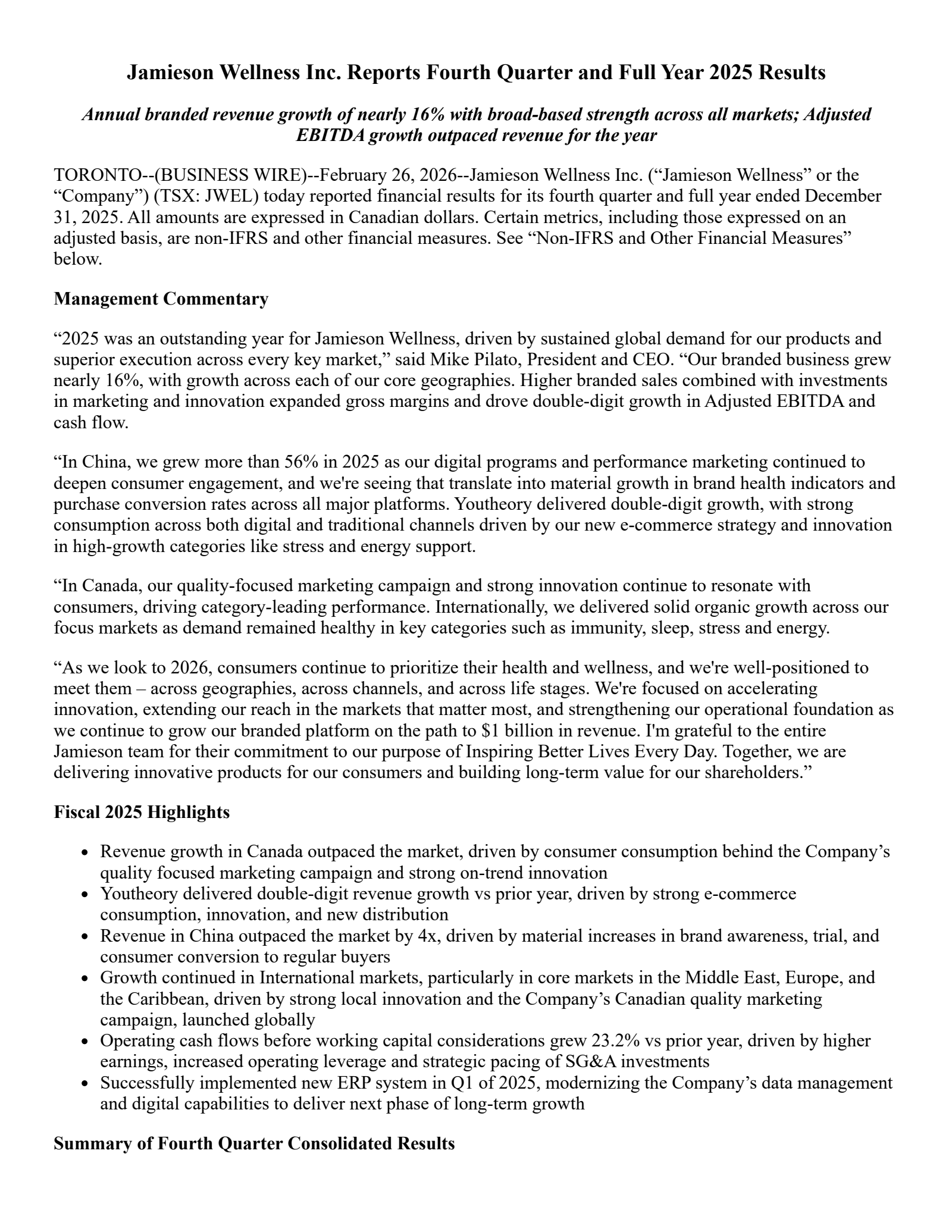Jamieson Wellness' Q4 2025 Press Release