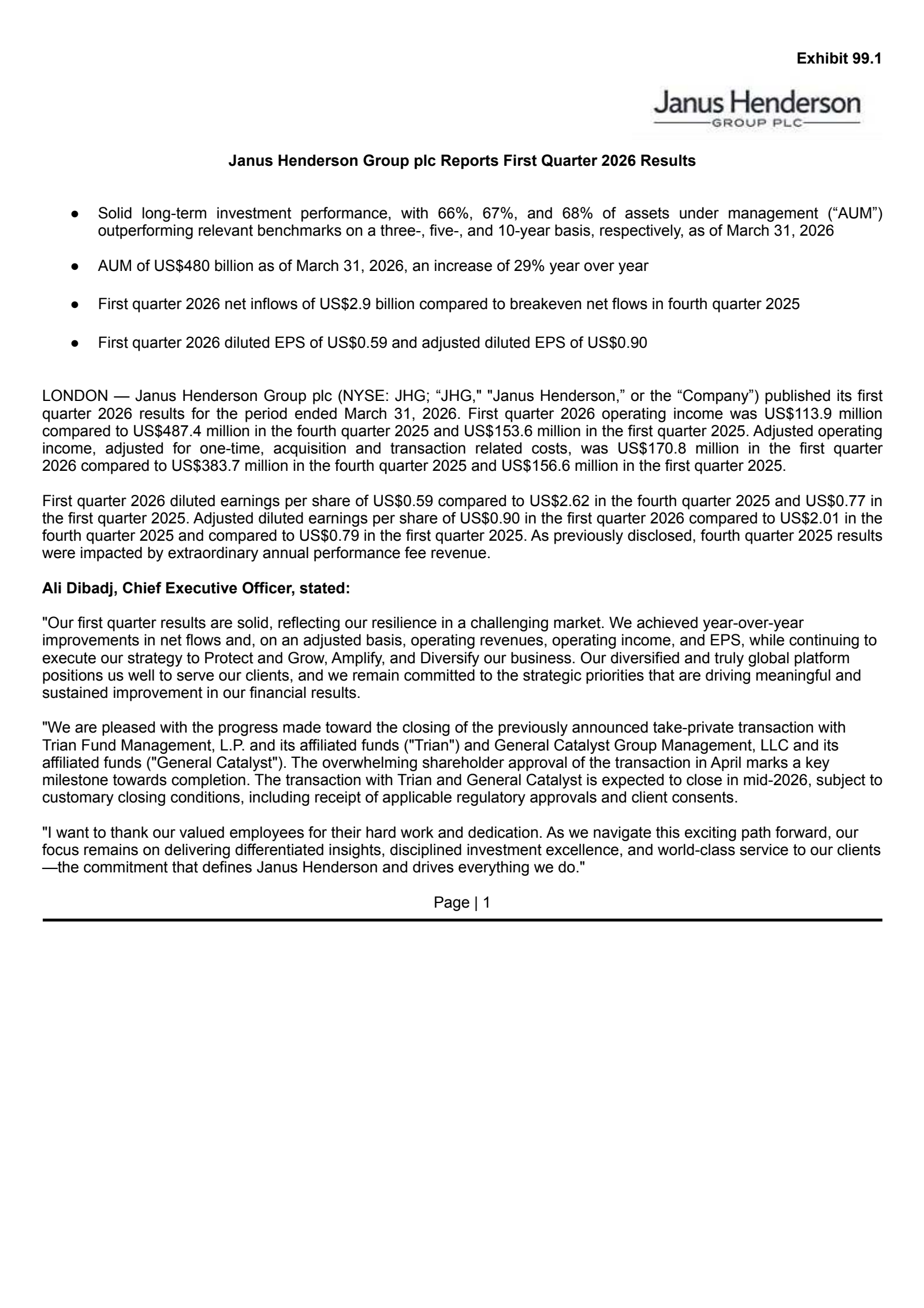 Janus Henderson Group's Q1 2026 Press Release