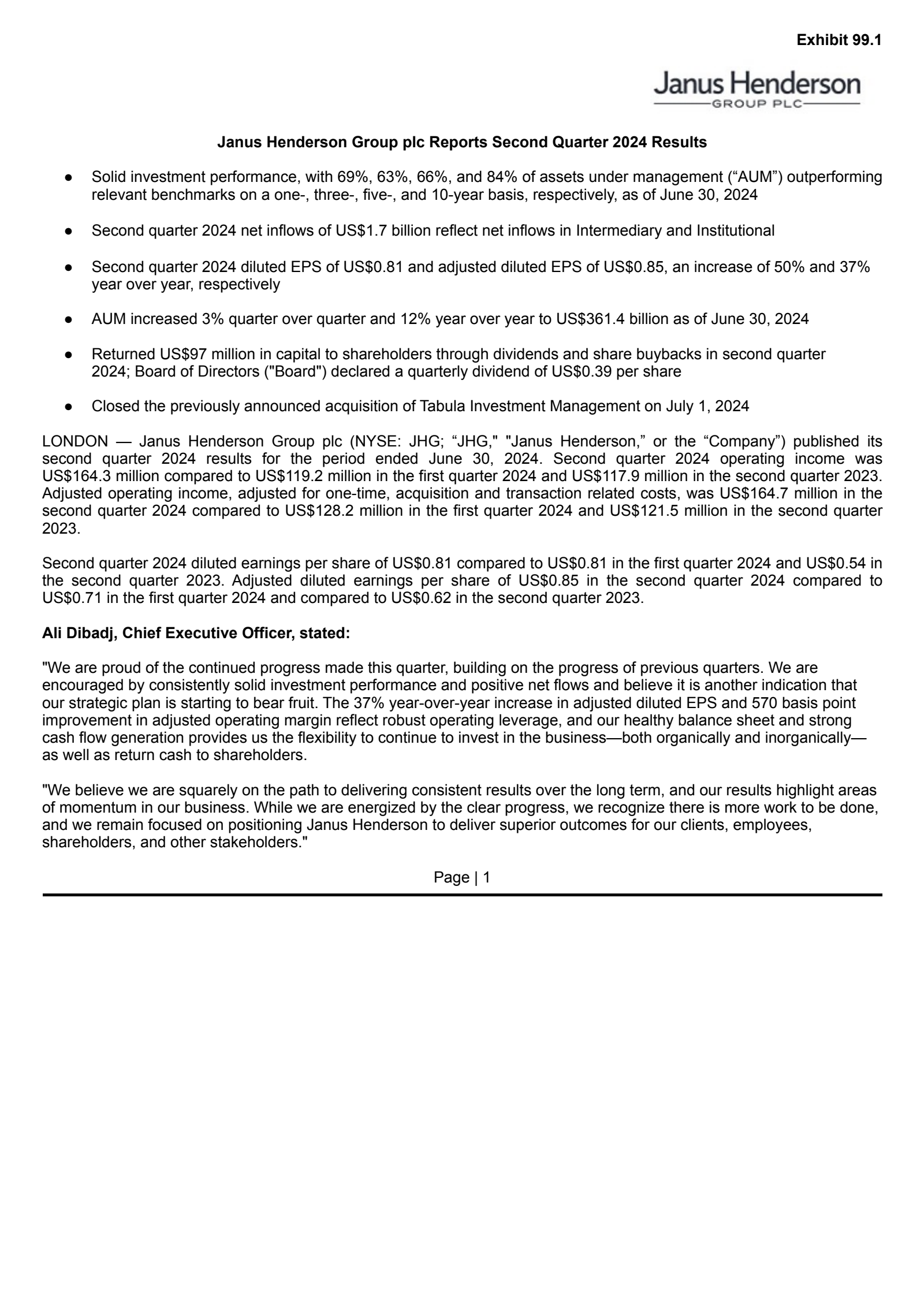 Janus Henderson Group's Q2 2024 Press Release