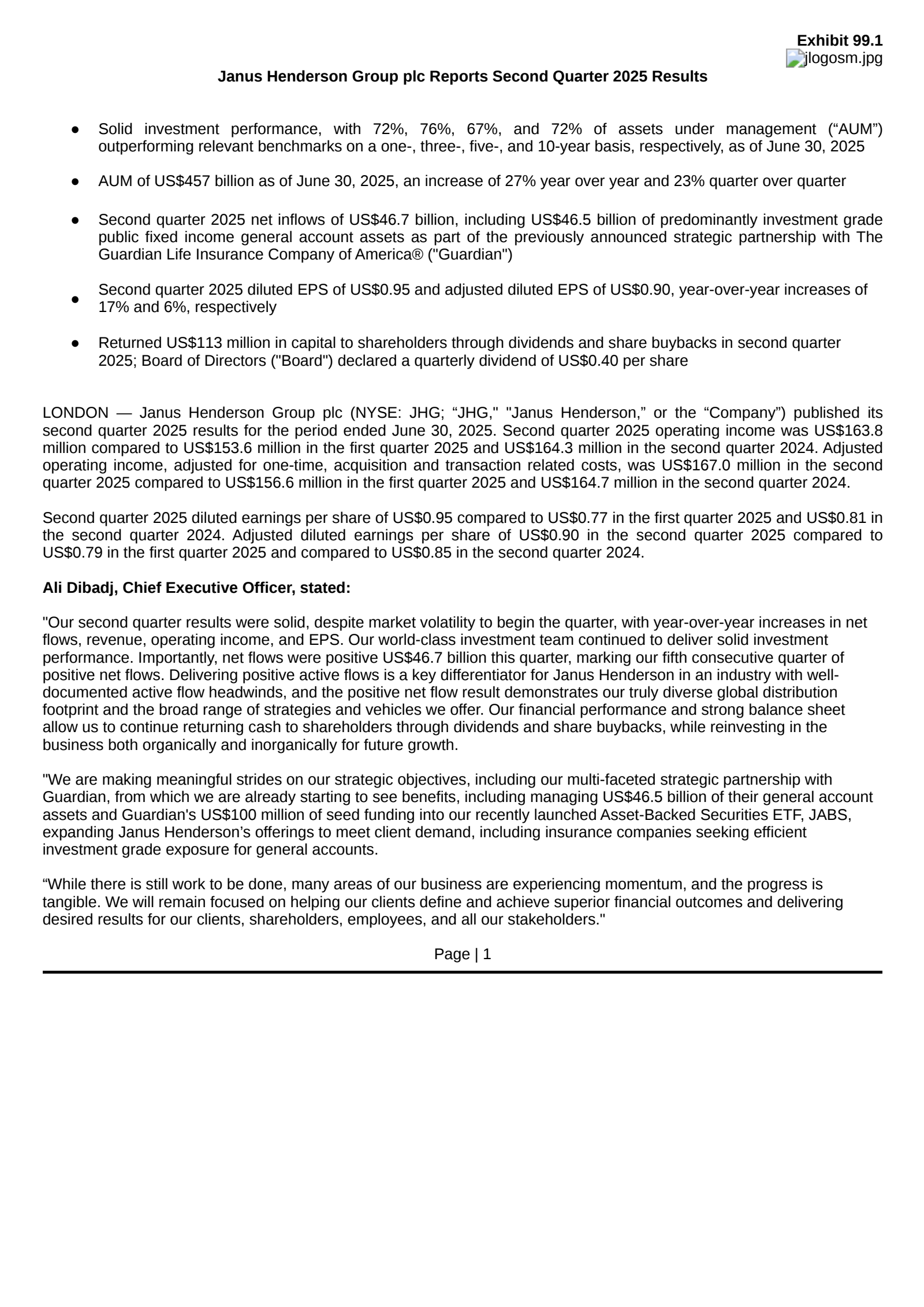 Janus Henderson Group's Q2 2025 Press Release