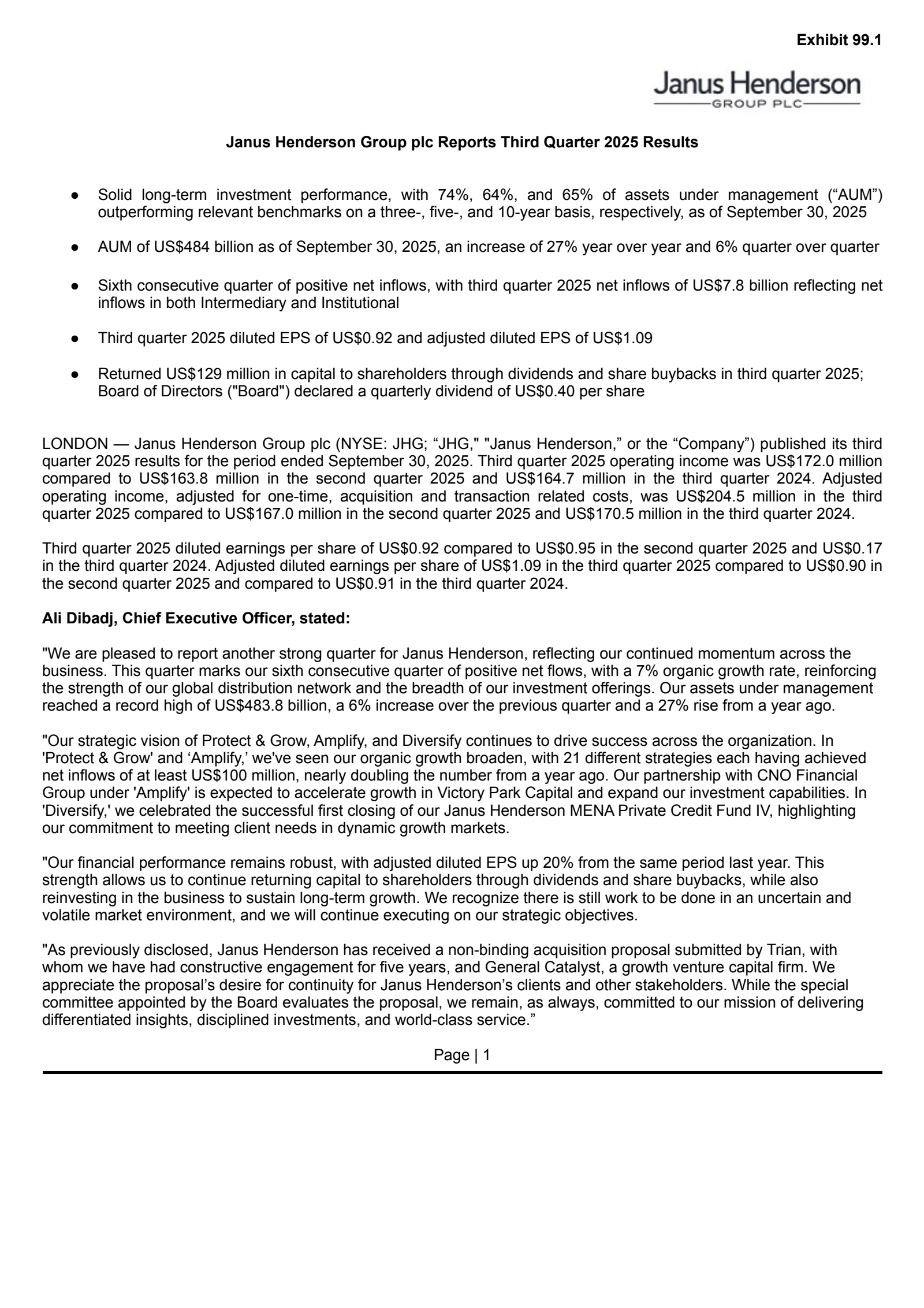 Janus Henderson Group's Q3 2025 Earnings Release