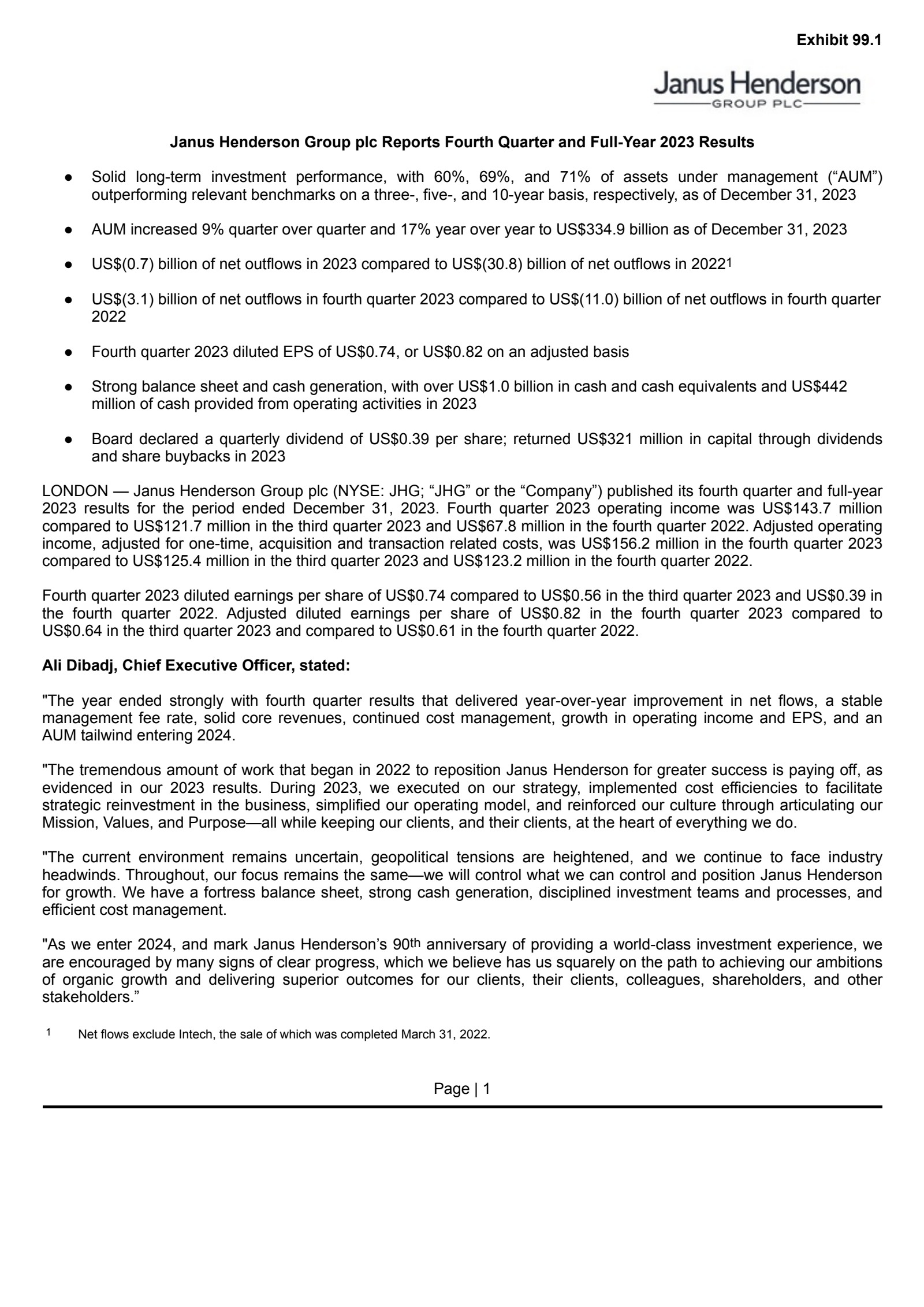Janus Henderson Group's Q4 2023 Press Release