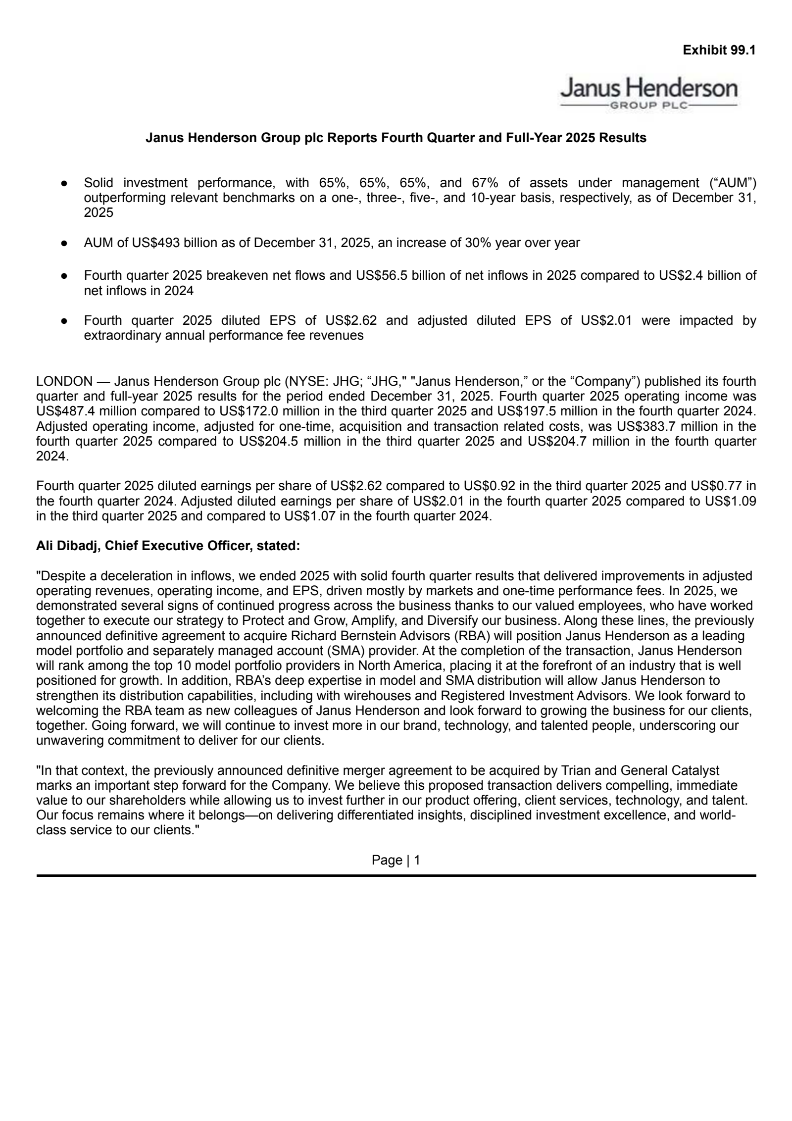 Janus Henderson Group's Q4 2025 Press Release