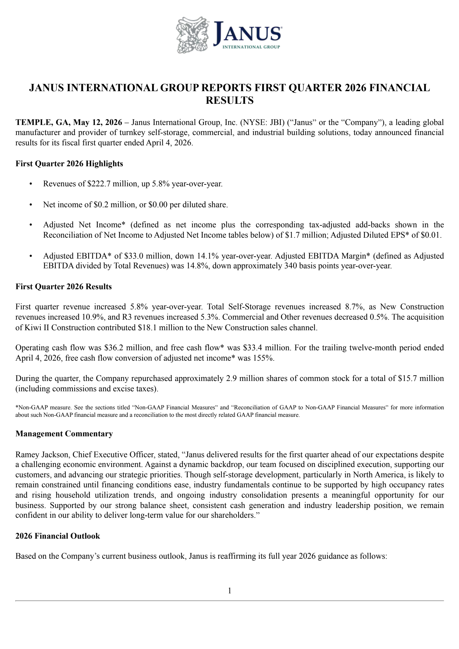 Janus International Group's Q1 2026 Press Release