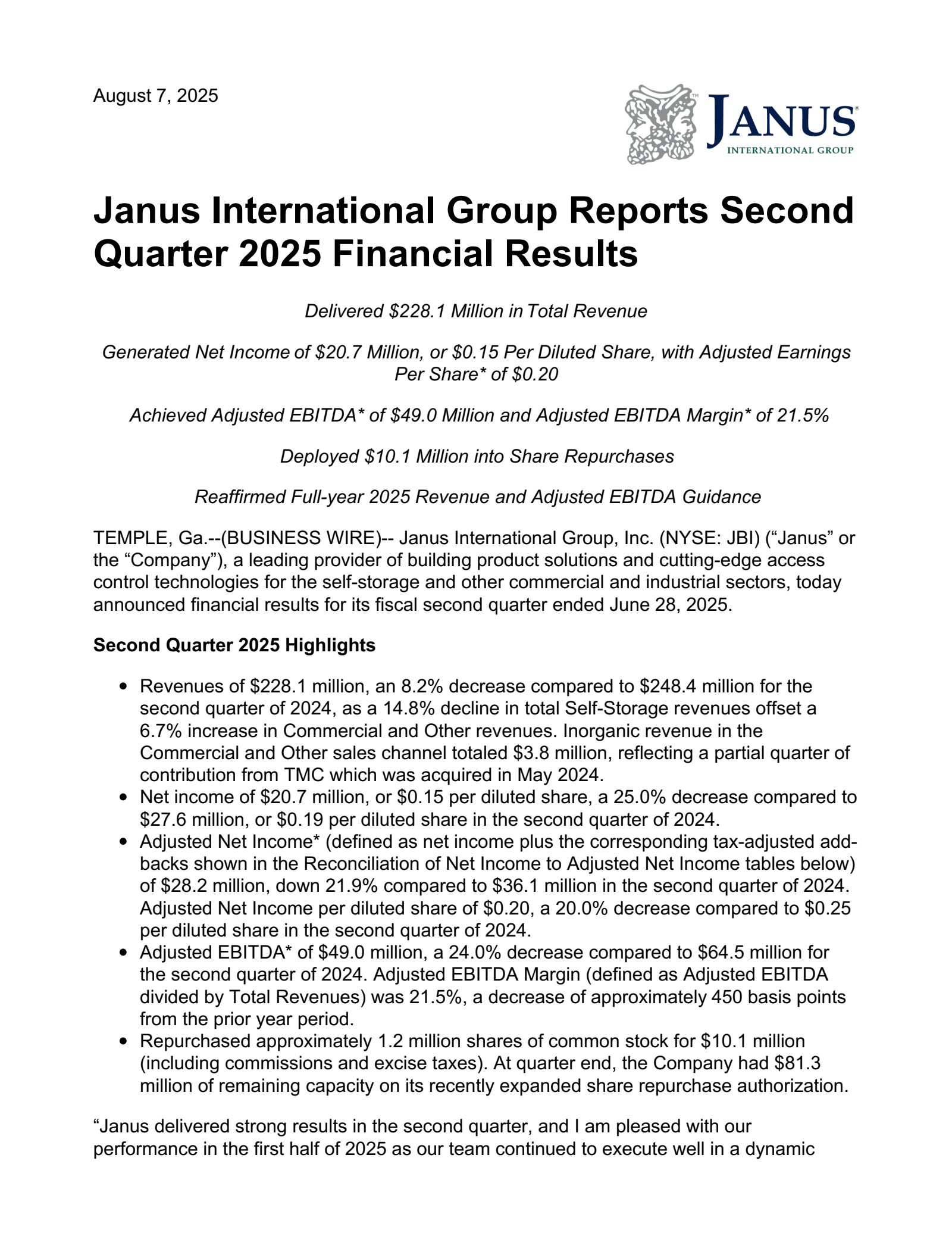 Janus International Group's Q2 2025 Press Release