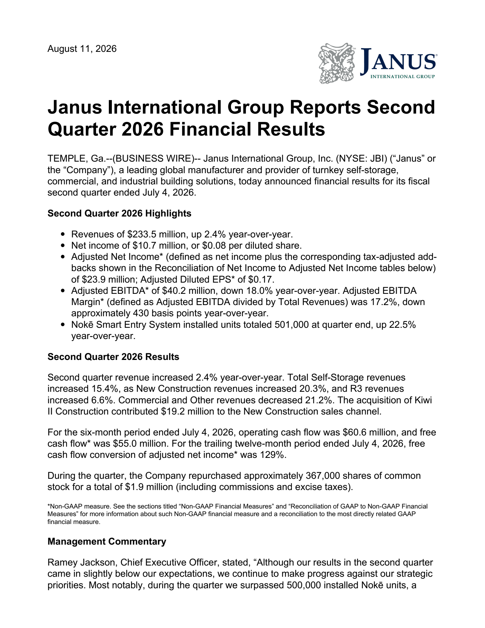 Janus International Group's Q2 2026 Press Release