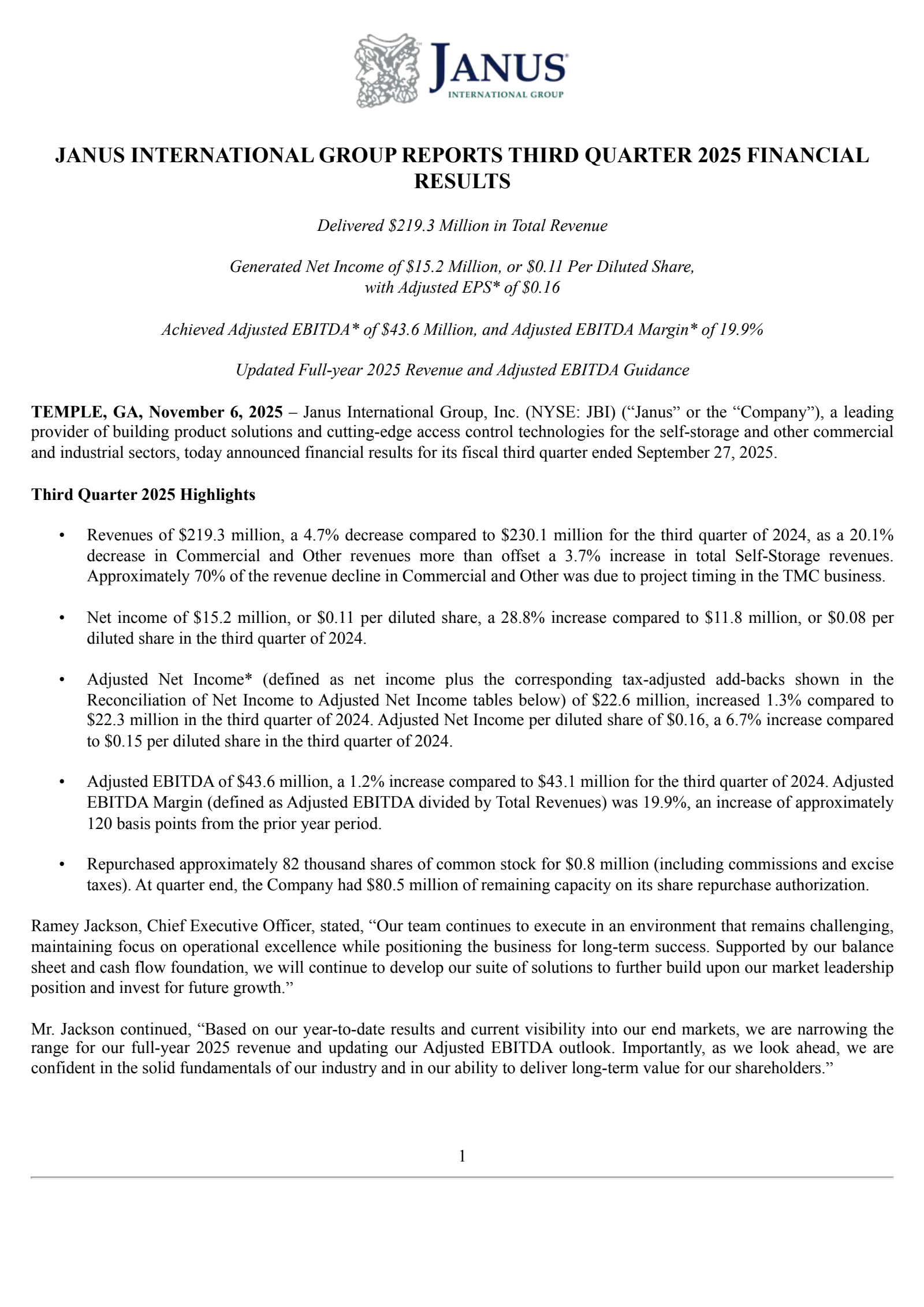 Janus International Group's Q3 2025 Earnings Release