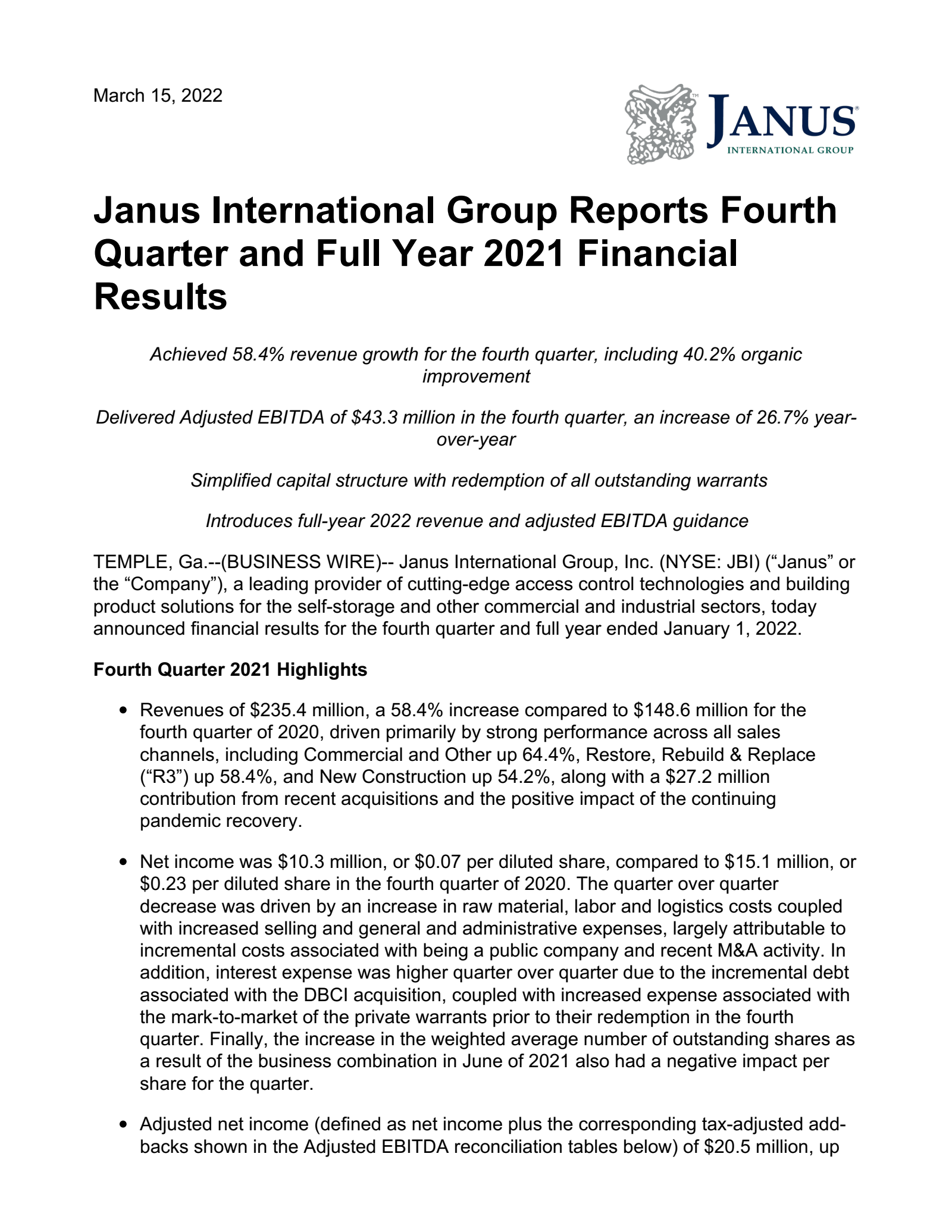 Janus International Group's Q4 2021 Earnings Release