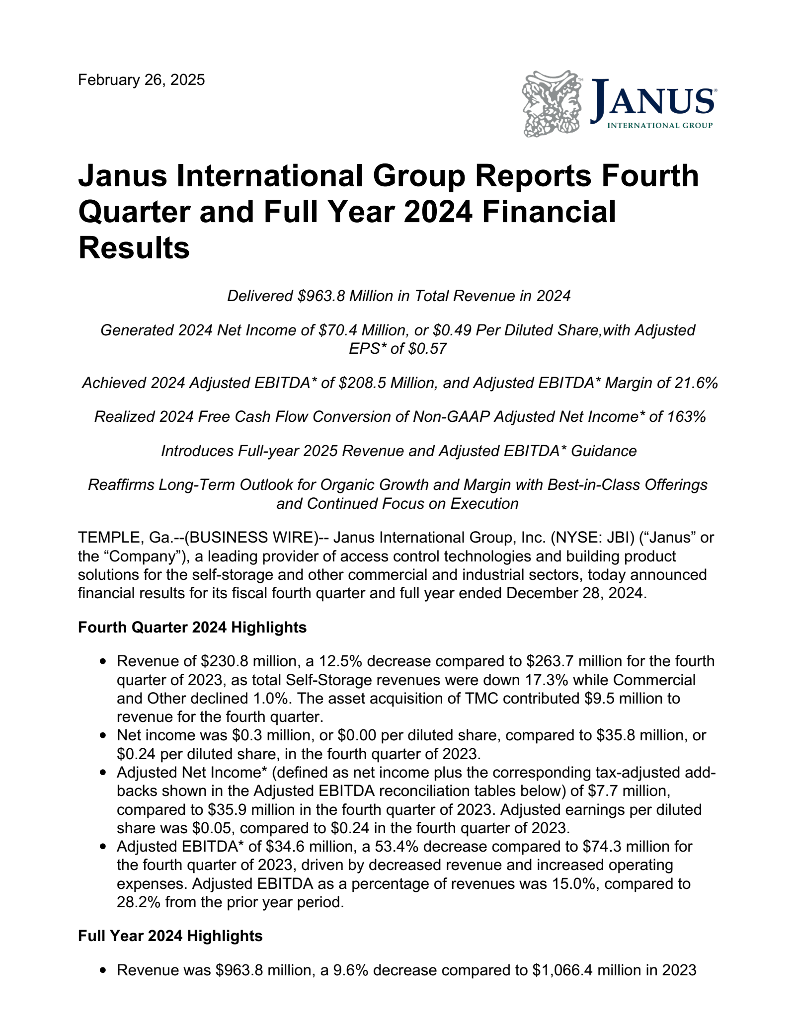 Janus International Group's Q4 2024 Press Release