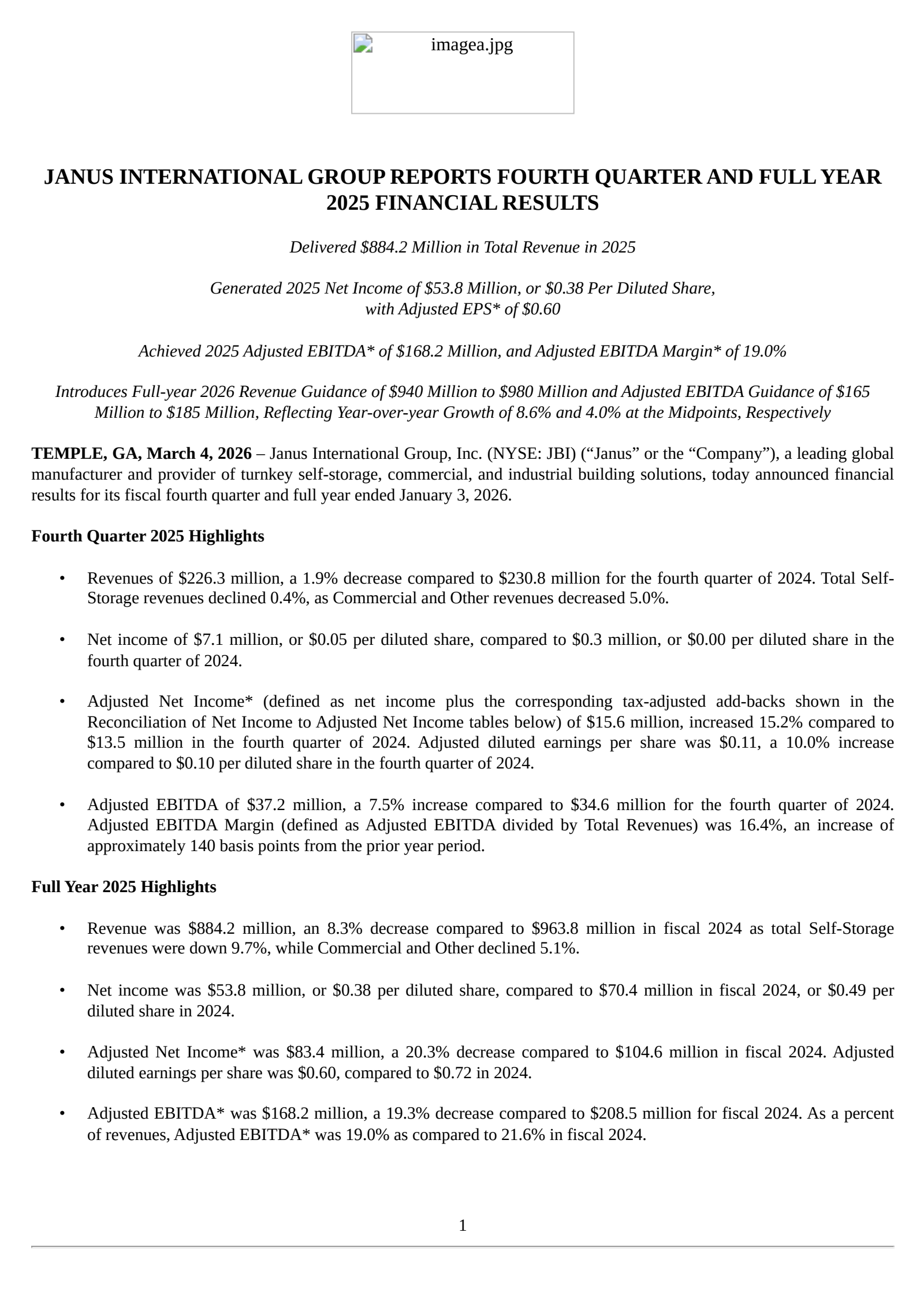 Janus International Group's Q4 2025 Press Release